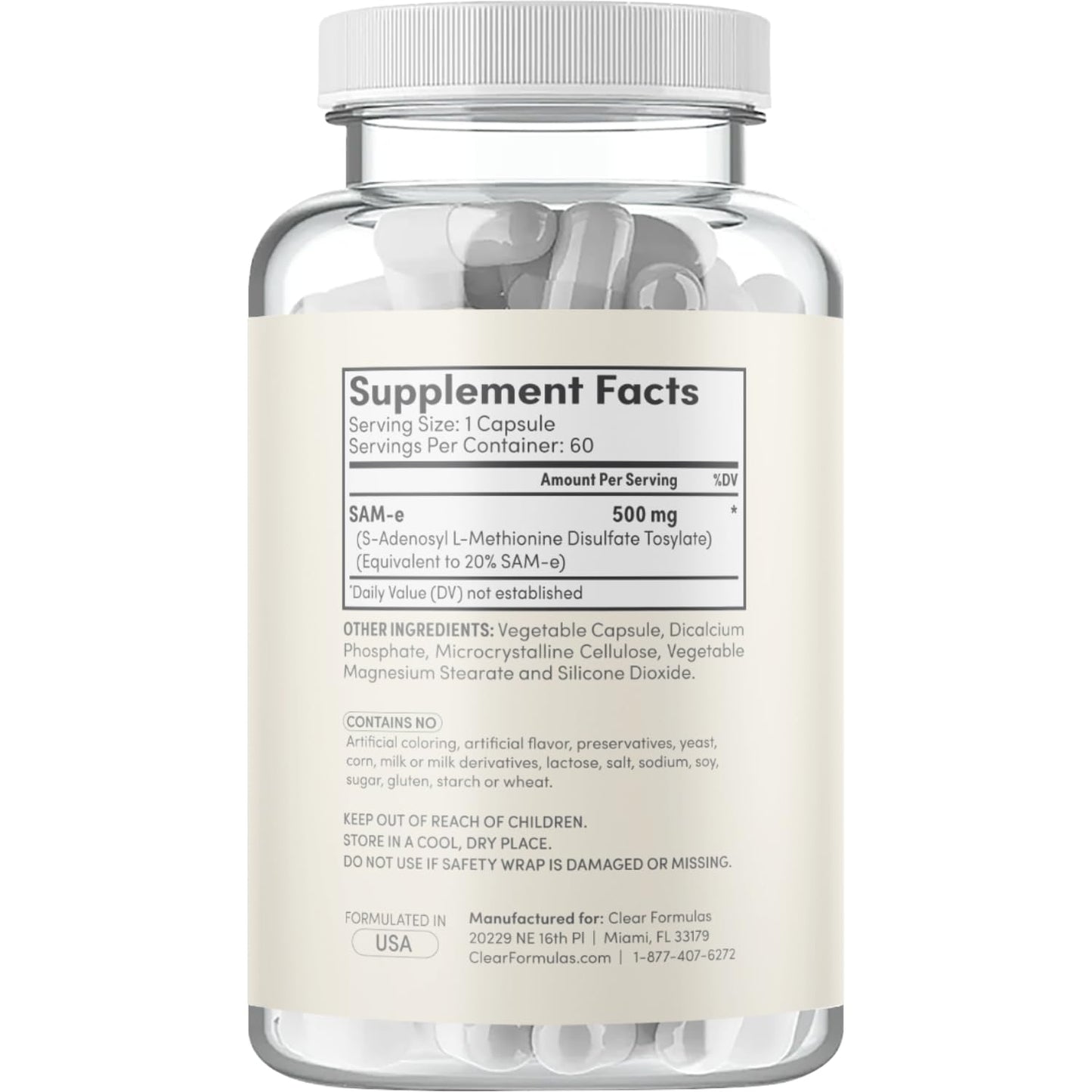 Clear Formulas Bioactive SAM-e 500mg โ Mood & Liver Support (Vegan, Non-GMO, Made in USA)