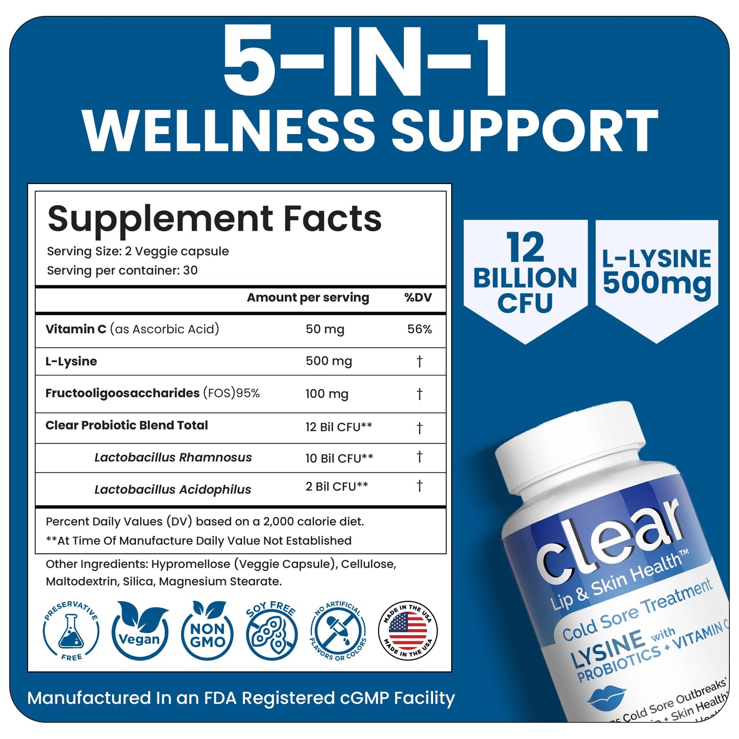 Clear Probiotics Lysine Cold Sore Treatment for Lips โ Probiotic Lysine + Vitamin C โ 180 Capsules