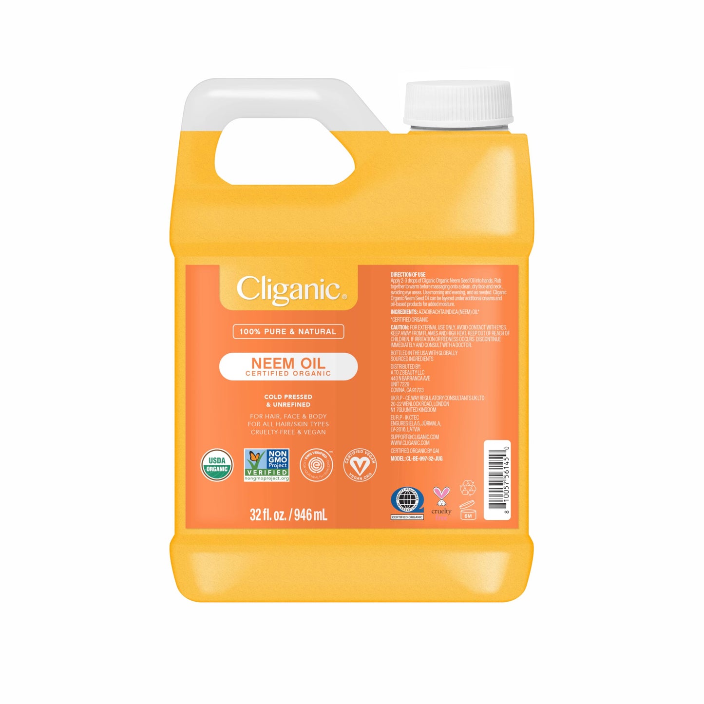 Cliganic Organic Neem Oil Bulk 32oz Jug โ 100% Pure, Cold-Pressed, Non-GMO for Face, Skin & Plants