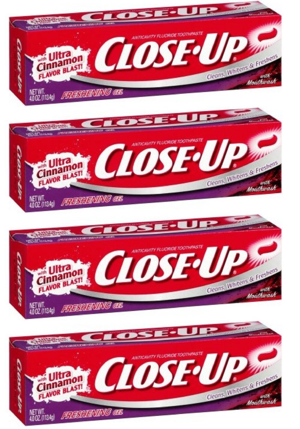 Close-Up Fluoride Toothpaste โ Red Gel, 4 oz (Pack of 4) | Fresh Breath, Whitening & Cavities Protection
