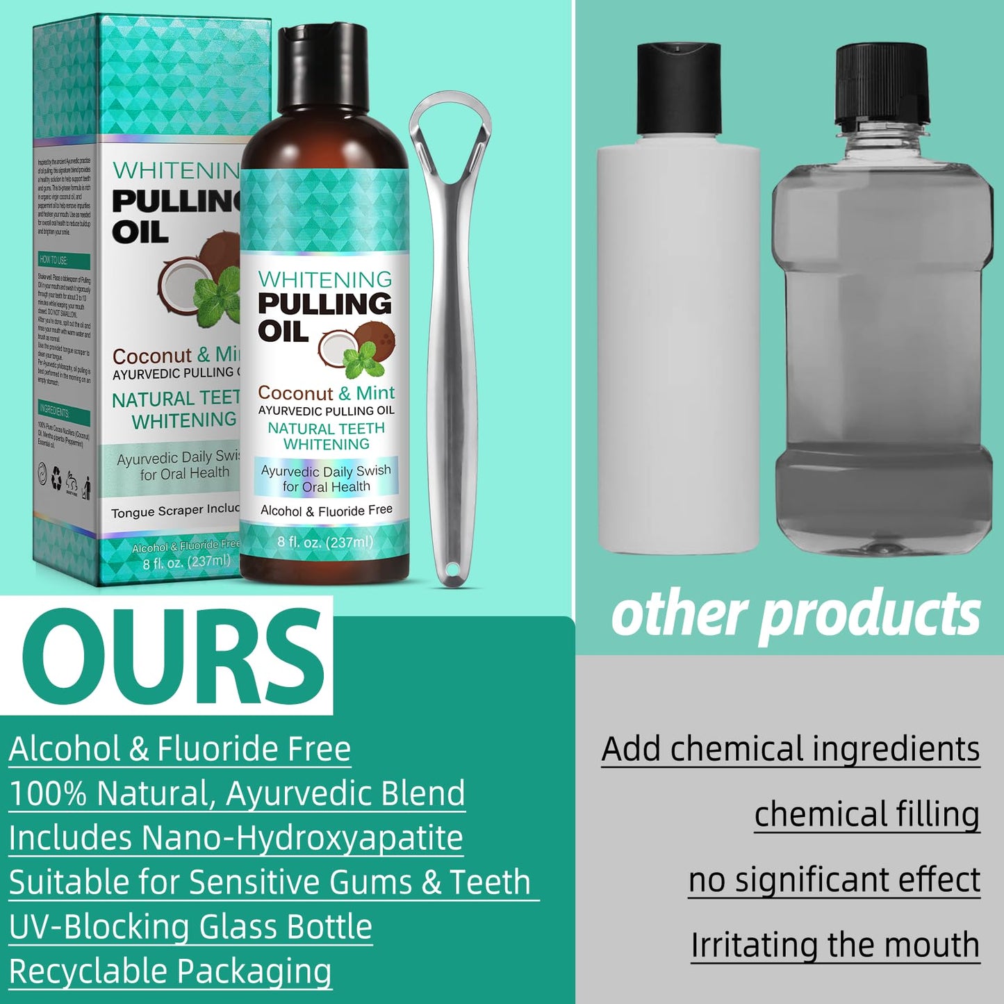 Coconut Oil Pulling for Fresh Breath & Oral Hygiene โ Ayurvedic Expert Formulated | Includes Tongue Scraper & Measuring Cup | 8 oz