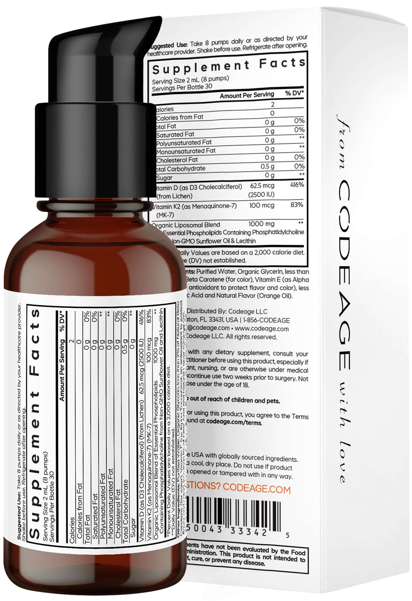 Codeage Liposomal Vitamin D3 K2 Liquid โ Vegan, Non-GMO, 2 fl oz