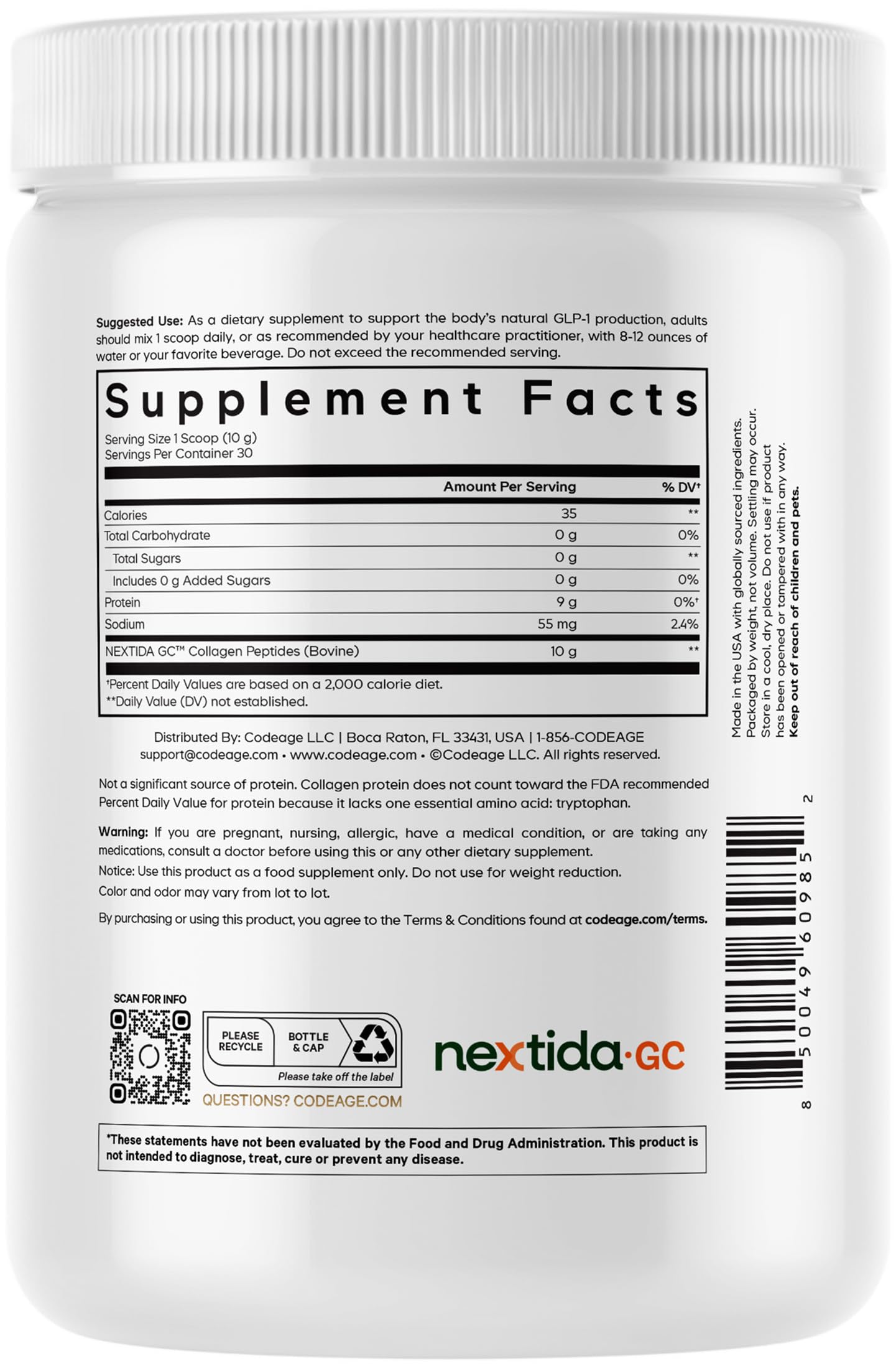 Codeage GLP-1 Collagen Powder โ Nextida GC, Hydrolyzed Type I & III, Grass-Fed, Unflavored โ 10.58 oz