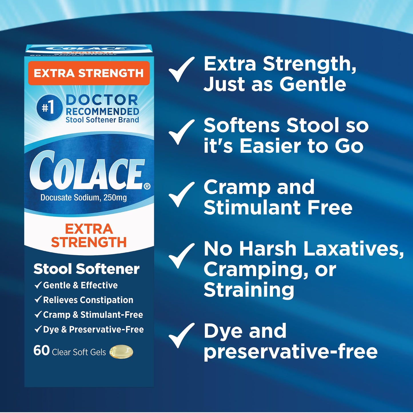 Colace Extra Strength Stool Softener โ Gentle Relief, 250 mg, 60 Softgels