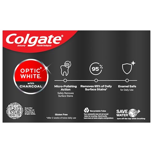 Colgate Optic White Charcoal Whitening Toothpaste 2 Pack (4.2 oz) โ Enamel-Safe, Vegan, Cool Mint