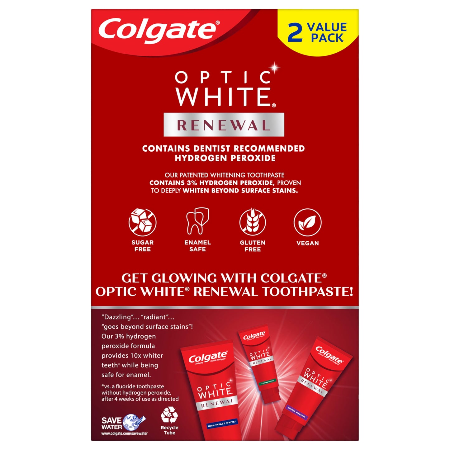 Colgate Optic White Renewal Toothpaste โ Enamel Strength, 3 oz Tube, 2 Pack