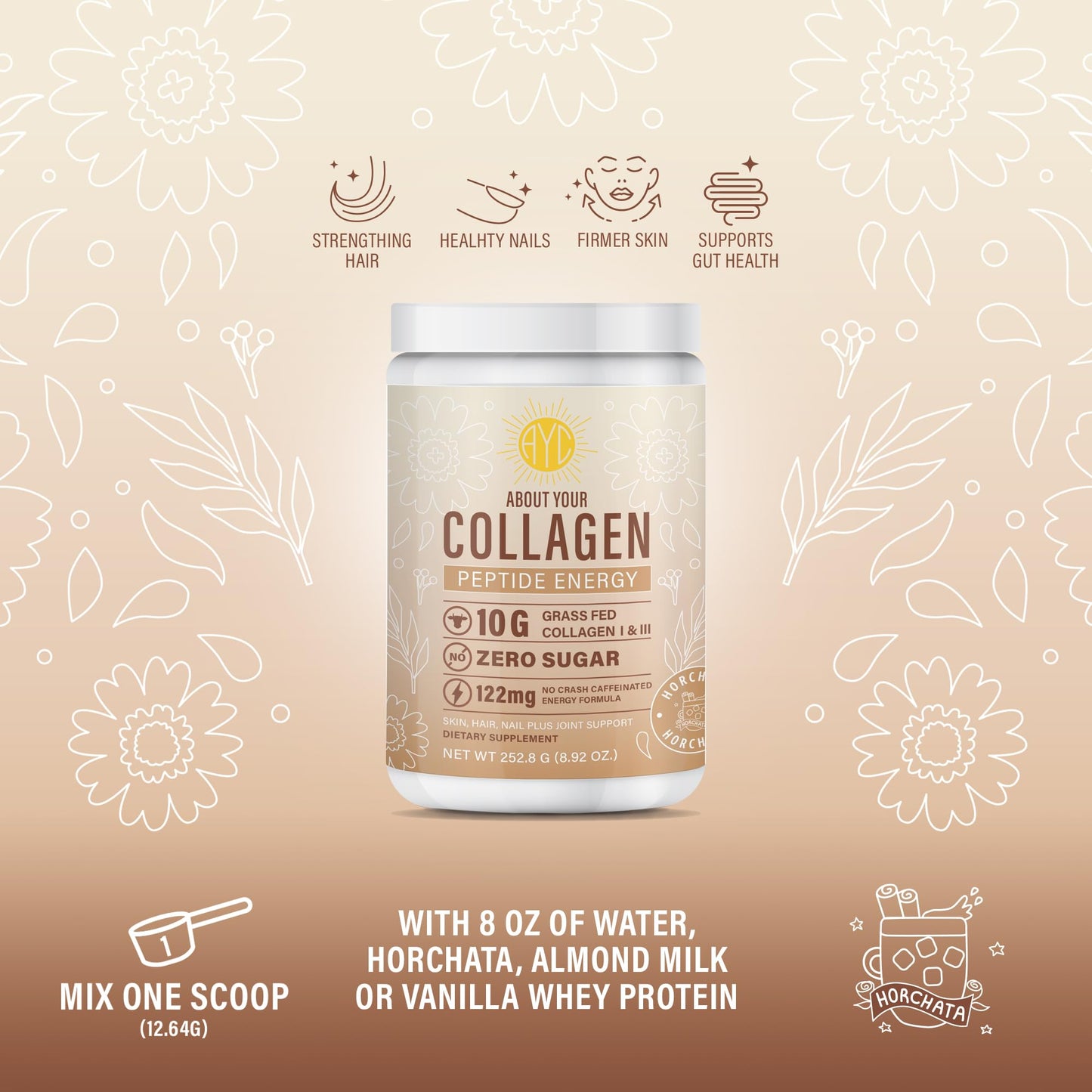 Collagen Peptide Energy Powder โ Hair, Skin & Nails | Type I & III | Horchata 8.92 oz