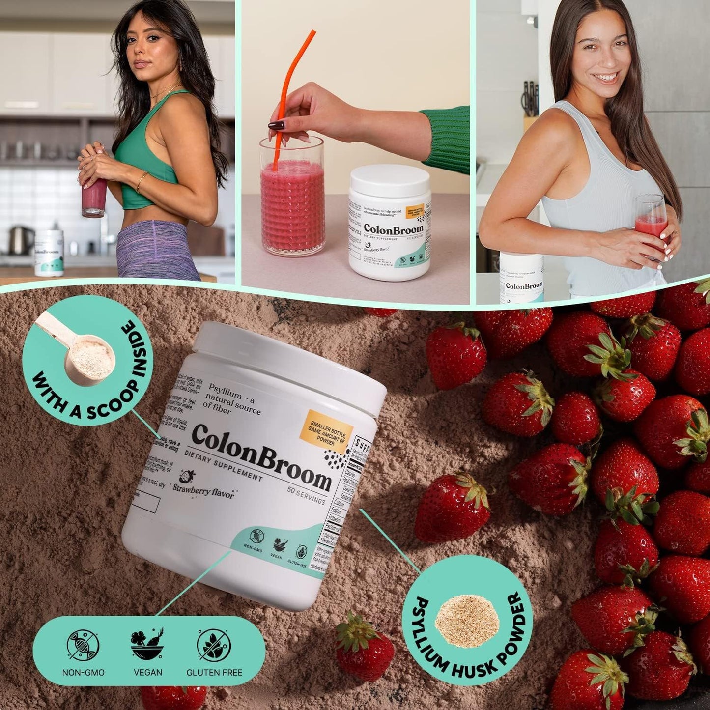 ColonBroom Psyllium Husk Powder (Strawberry) β Fiber Powder for Digestive Wellness | 100 Servings