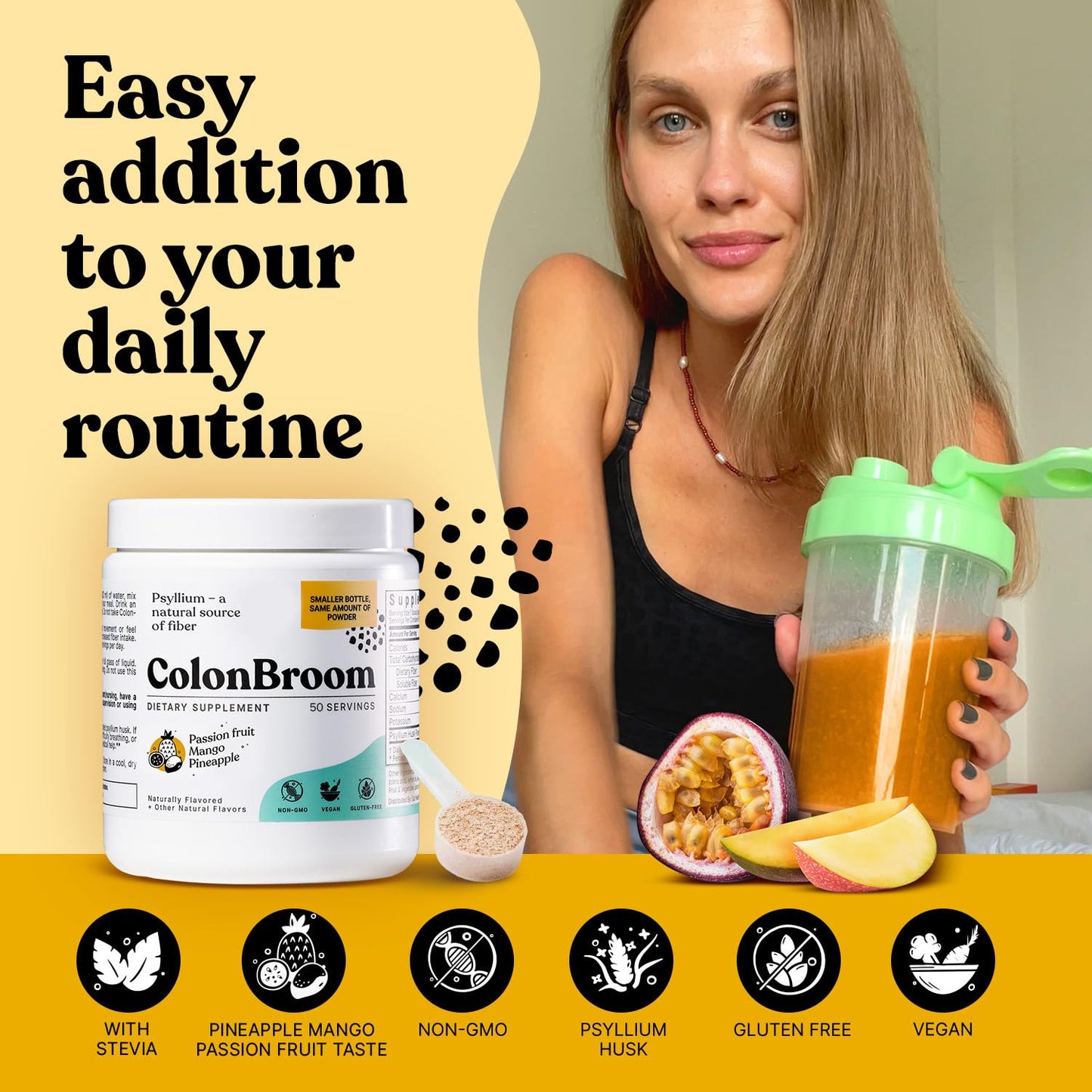 ColonBroom Psyllium Husk Powder with Stevia โ Tropical Fruits Flavor, 100 Servings