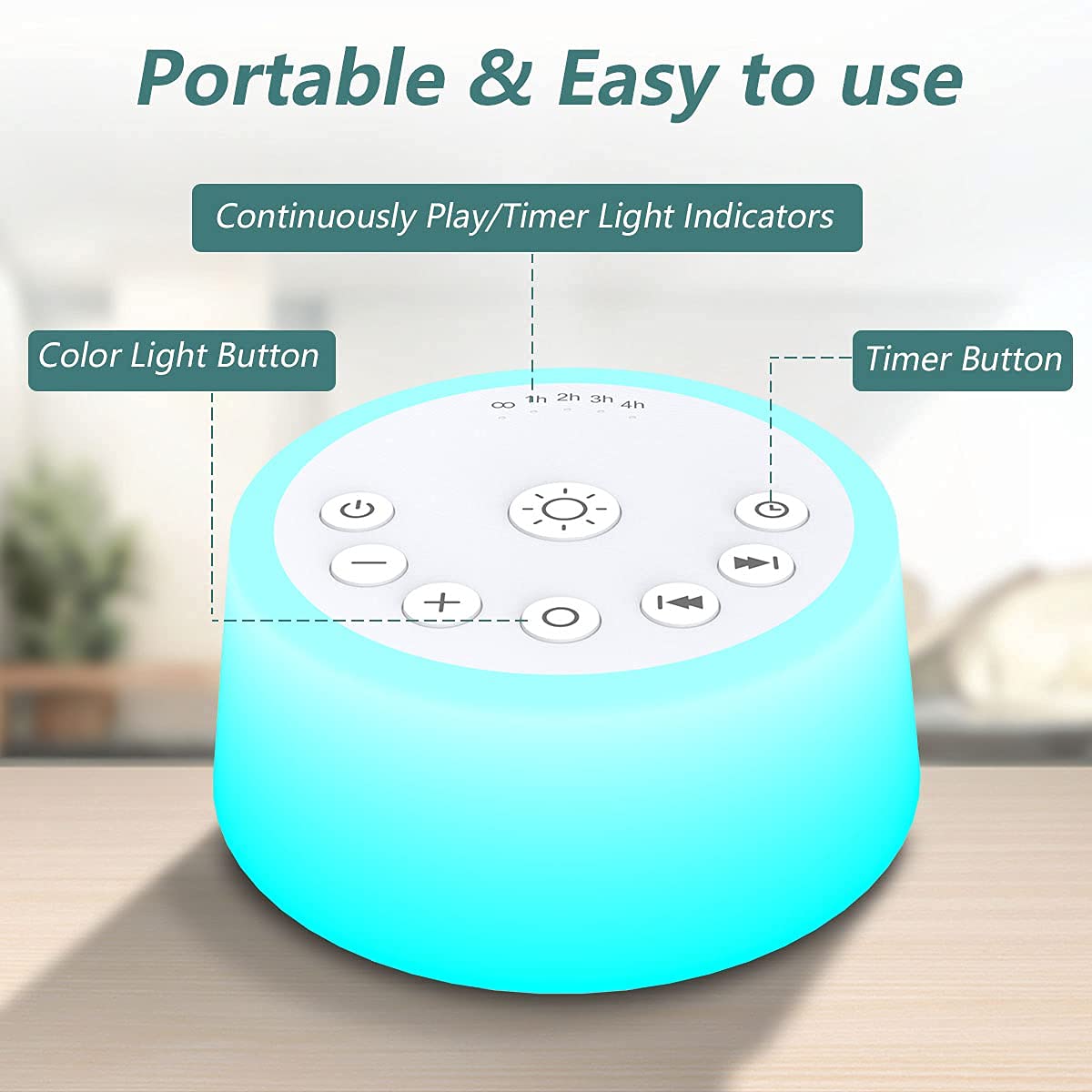 Color Noise Sound Machine – 10-Color Night Light, 25 Sounds, 32 Volume Levels, 5 Timers