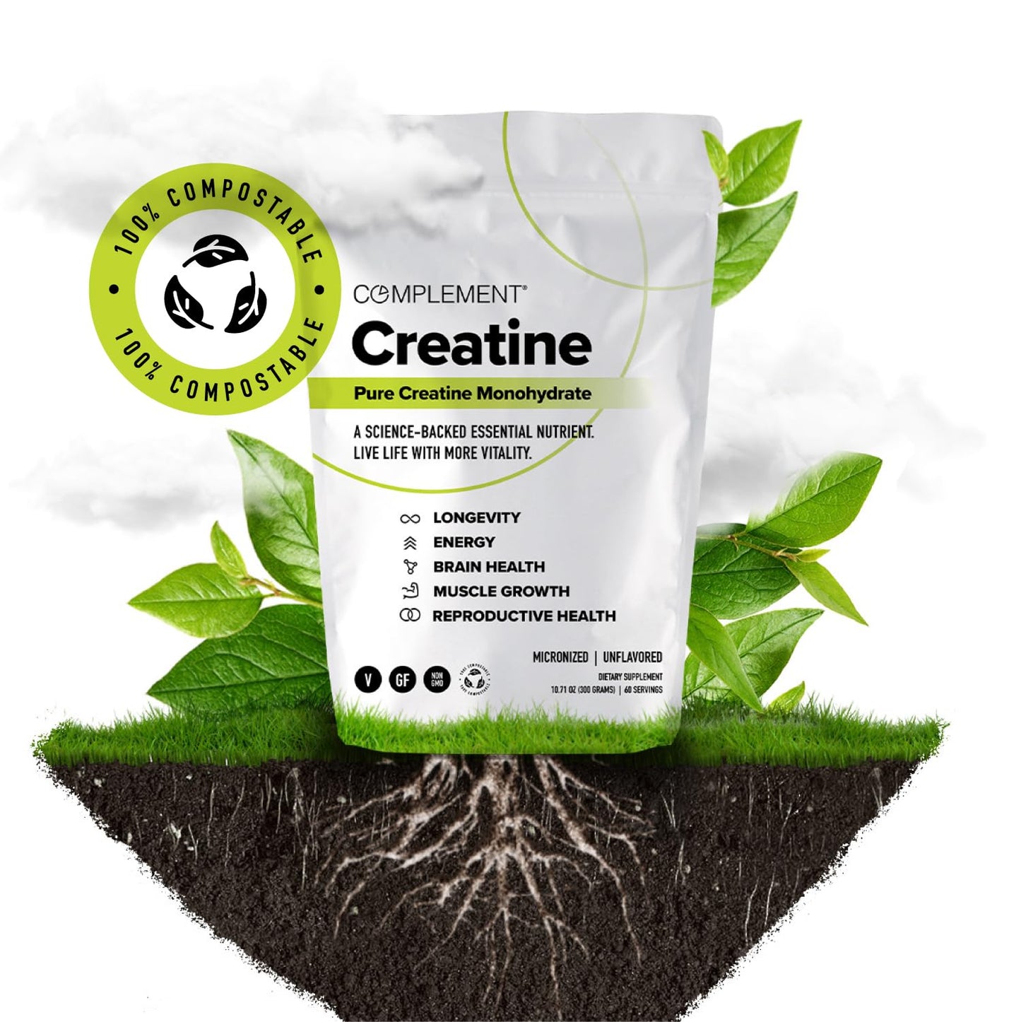 Complement Creatine Monohydrate Micronized Powder β 5g, 60 Servings | Vegan, Unflavored