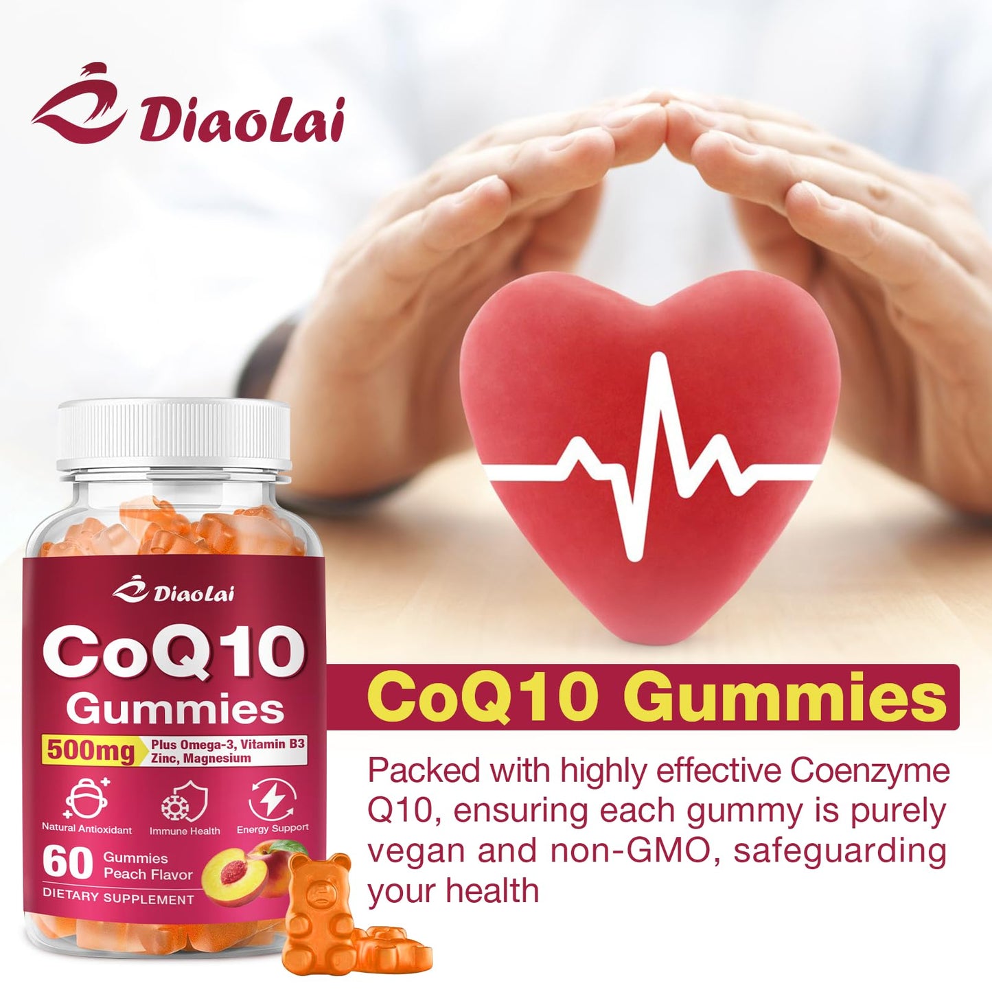 CoQ10 Gummies 500mg + Omega-3 EPA/DHA | Immune & Energy Support โ Orange Flavor | Non-GMO, Gluten-Free | 60 Count