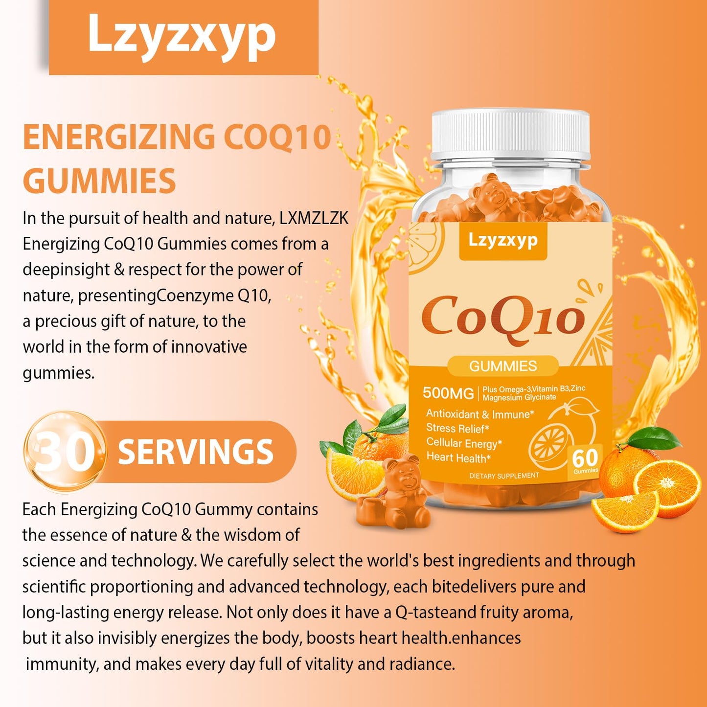 CoQ10 Oranges Gummies 500mg โ 3X Absorption | Heart Health, Cellular Energy & Antioxidants | Vegan, Non-GMO 60 Ct