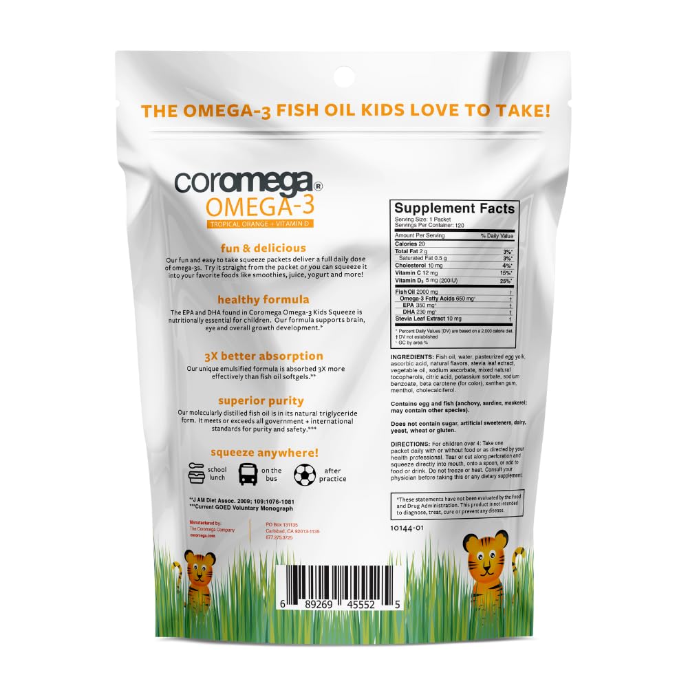 Coromega Kids Omega-3 Fish Oil 650mg โ Tropical Orange + Vitamin D, 120 Squeeze Packets