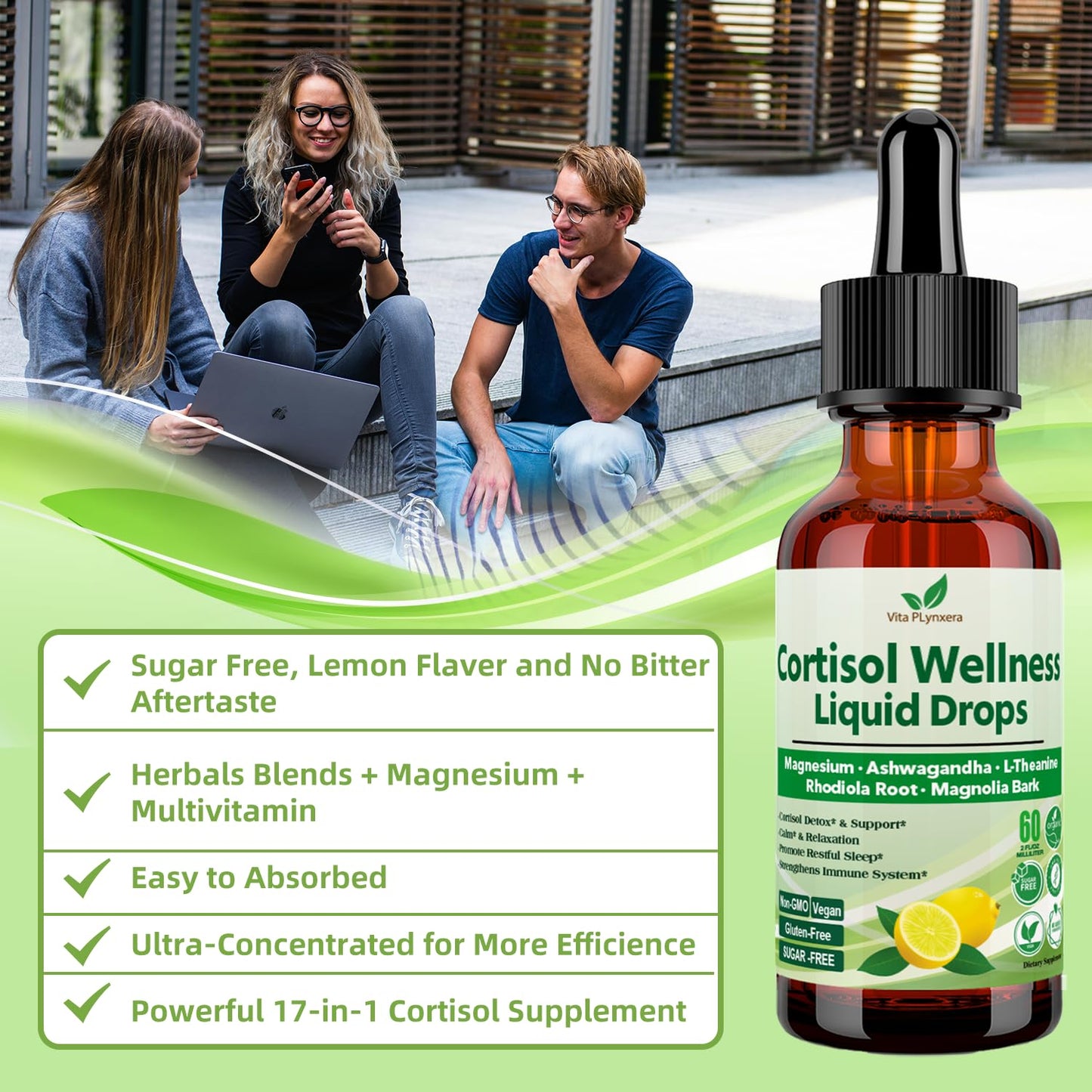 Cortisol Support Liquid Drops โ 17-in-1 Detox with Magnesium Glycinate 400mg, Ashwagandha & L-Theanine โ For Women