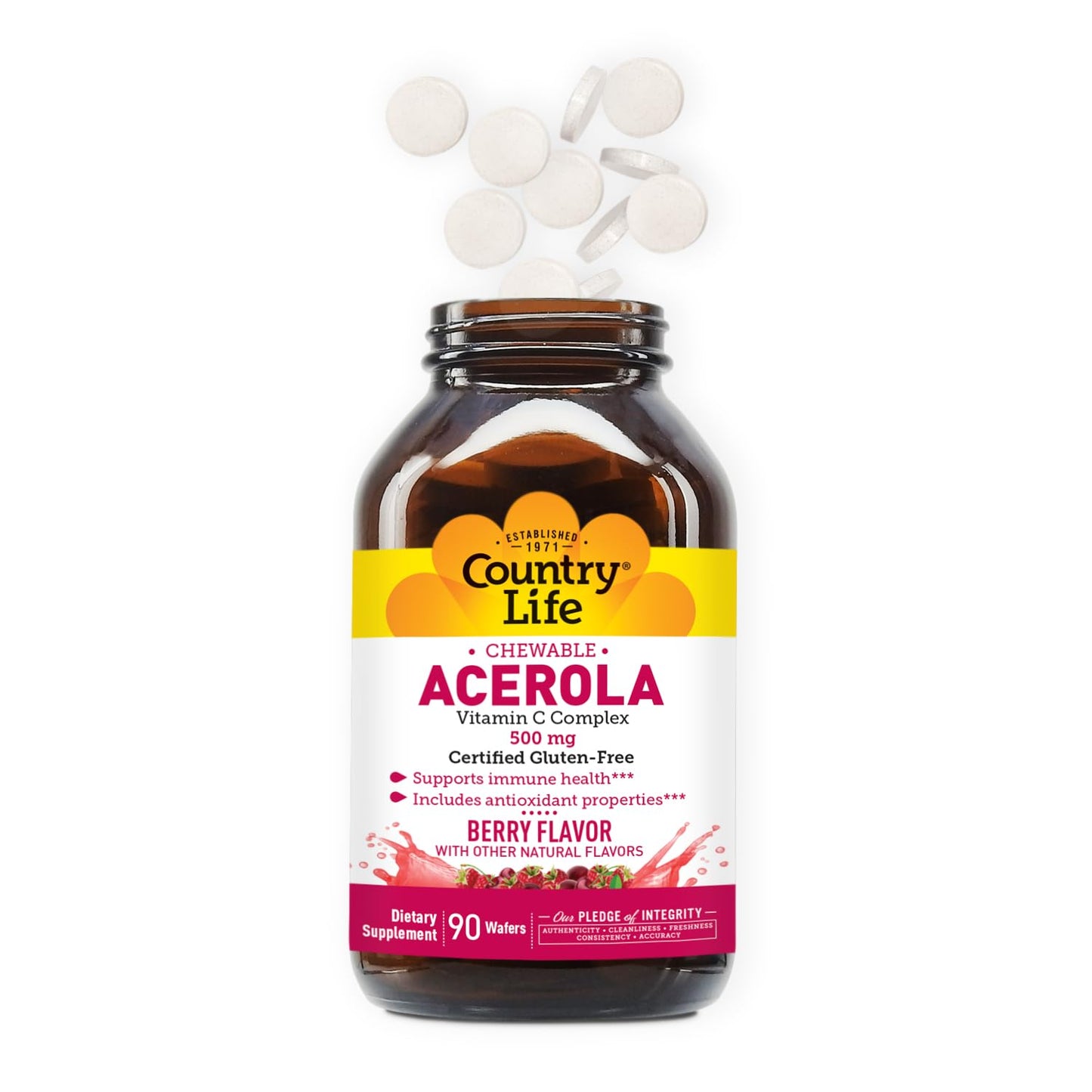 Country Life Acerola Vitamin C Complex โ 500 mg Berry Chewables, 90 Wafers, GFCO & AVA