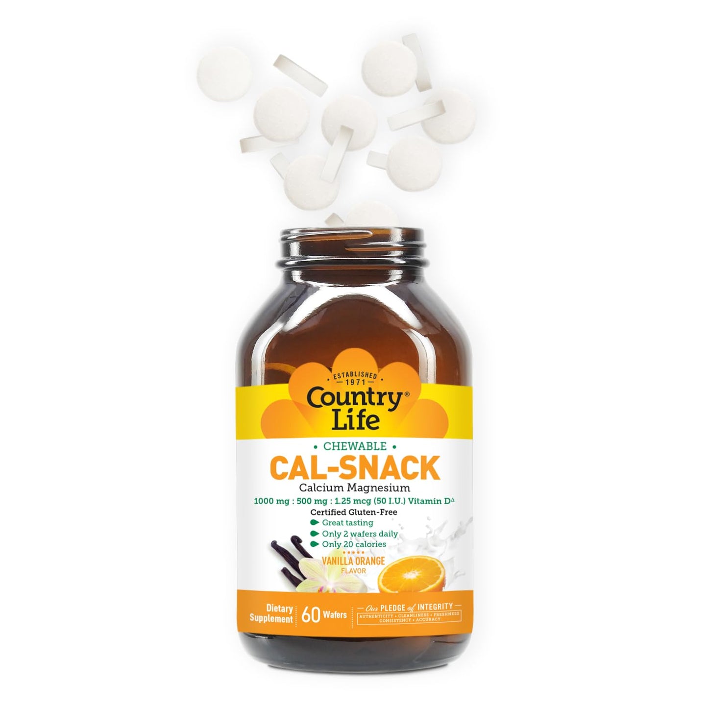 Country Life Cal-Snack โ Chewable Calcium Magnesium + Vitamin D (Dairy-Free, Vegan, Gluten-Free) โ Vanilla Orange โ Pack of 2