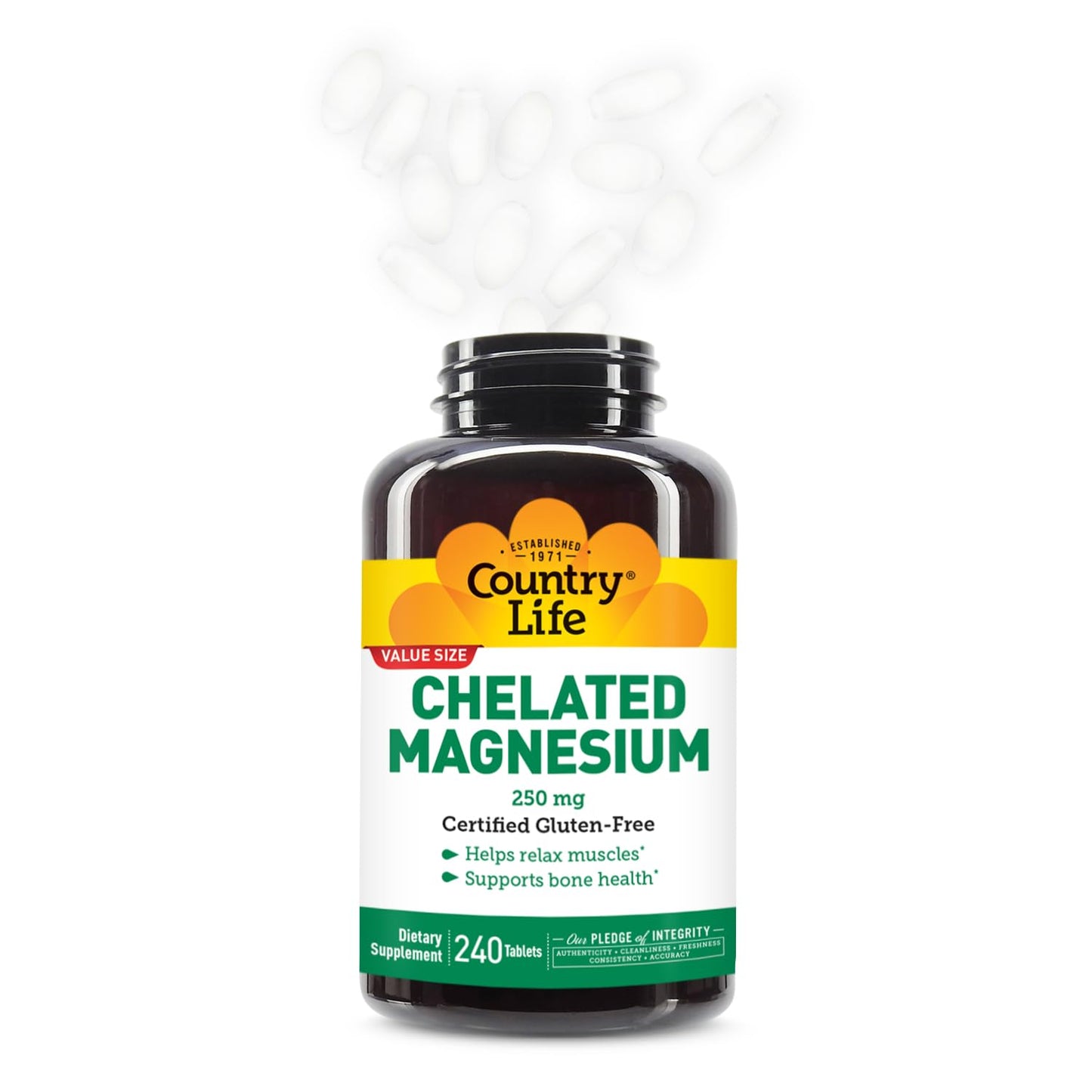 Country Life Chelated Magnesium 250mg โ Supports Bone & Immune Health | Daily Supplement 240 ct