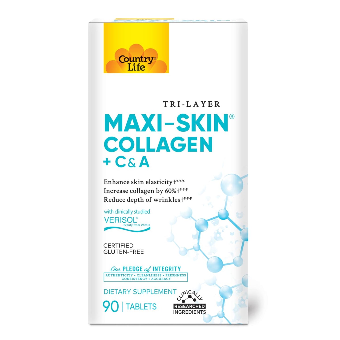 Country Life Verisol Collagen Peptides Tablets โ Reduce Wrinkles & Boost Skin Elasticity โ 90 Tablets (Vitamin A & C)