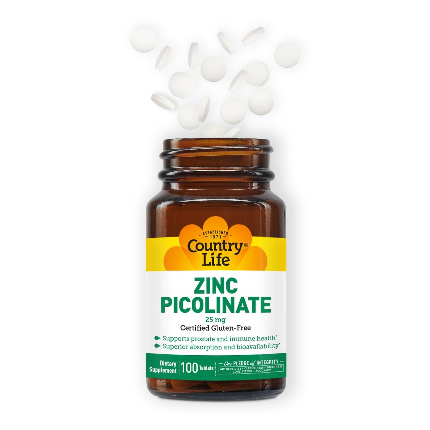 Country Life Zinc Picolinate 25 mg โ Immune & Prostate Support | 100 Tablets | GF, Vegan, Halal