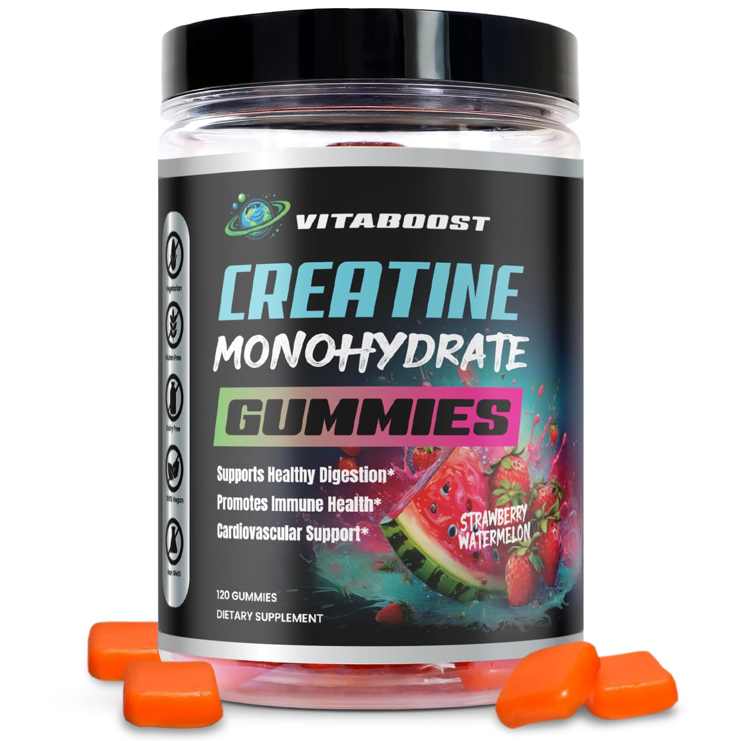 Creatine Gummies 5g Monohydrate โ Vegan Pre-Workout (Strawberry Watermelon) โ Made in USA