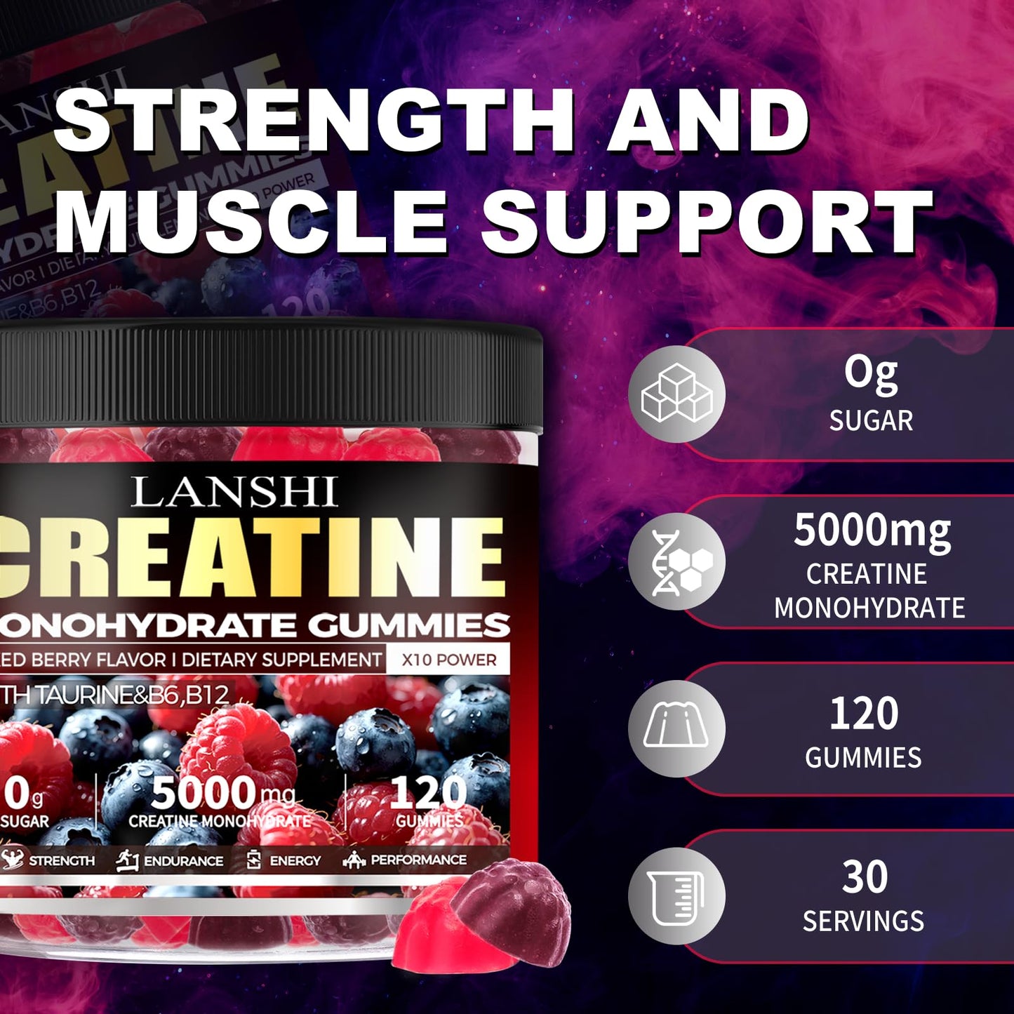 Creatine Monohydrate Gummies 5000mg โ Sugar Free Pre-Workout (120 ct) Mixed Berry