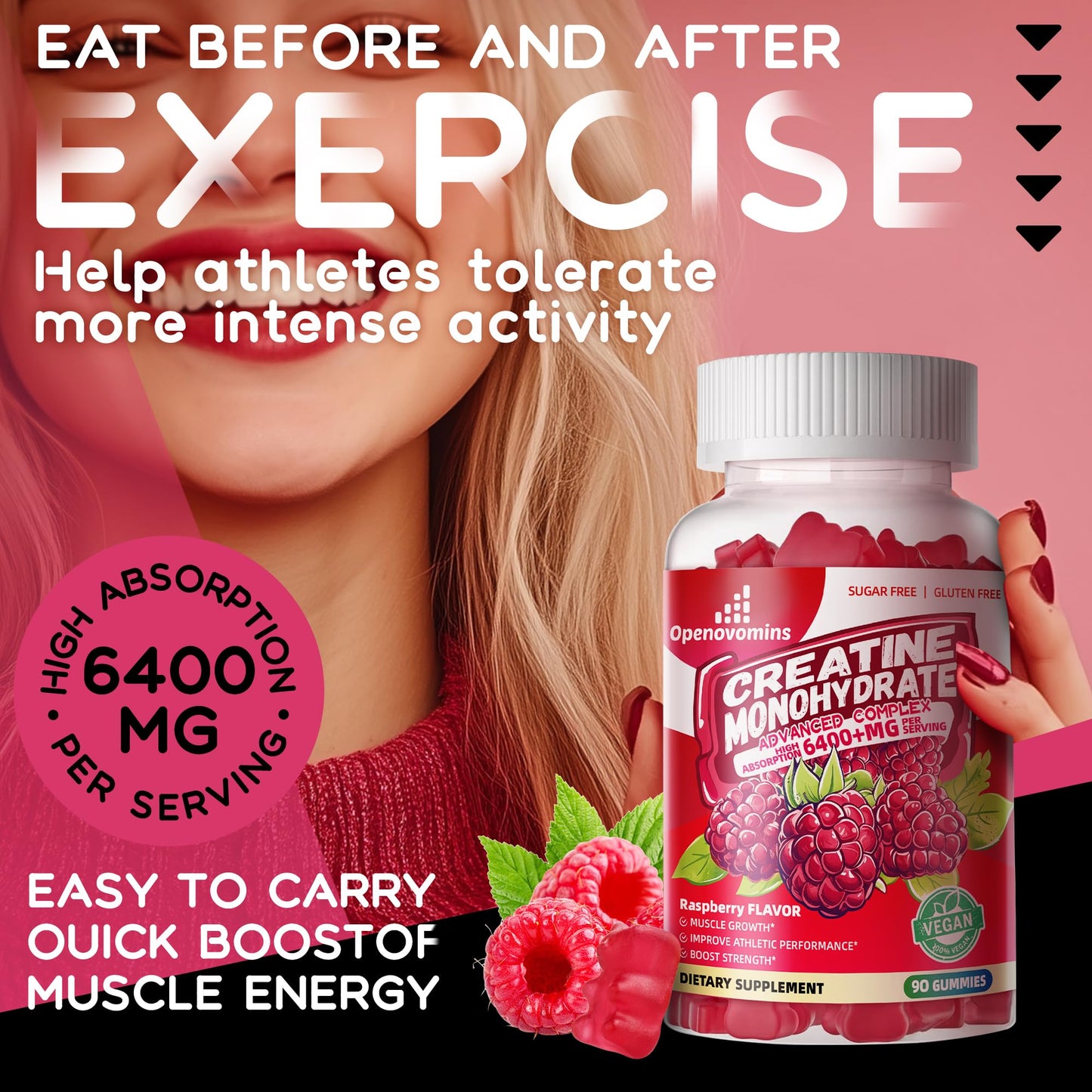 Creatine Monohydrate Gummies 6400mg โ Sugar Free (90 Raspberry Gummies)