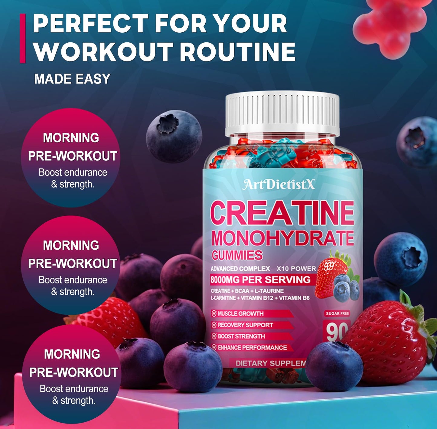 Creatine Monohydrate Gummies 8000mg with BCAA, L-Carnitine, Taurine & Vitamin B12 โ Pre-Workout Supplement for Muscle Growth, 180 Count (Men & Women)