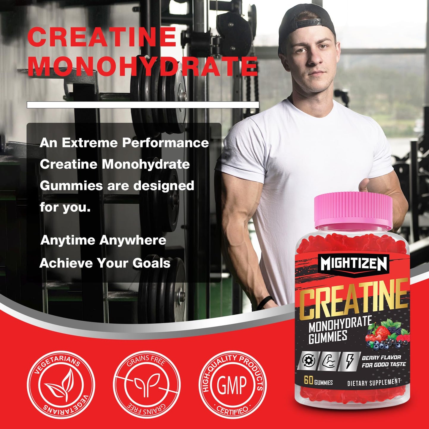 Creatine Monohydrate Gummies โ Berry Pre-Workout for Men & Women, Taurine & B12, 60 Count