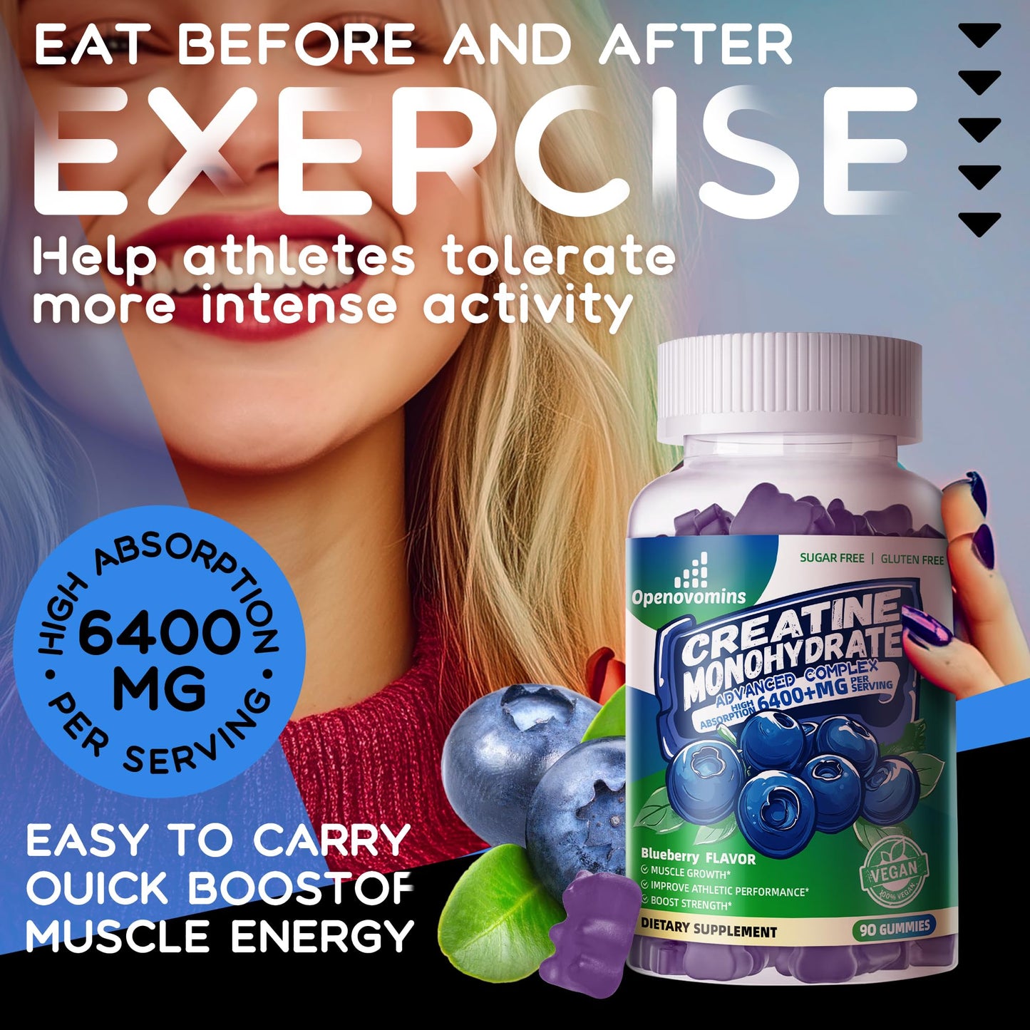 Creatine Monohydrate Gummies Complex โ Sugar Free, Vegan, 180 Blueberry Gummies 2-Pack with Taurine & Vitamin B12