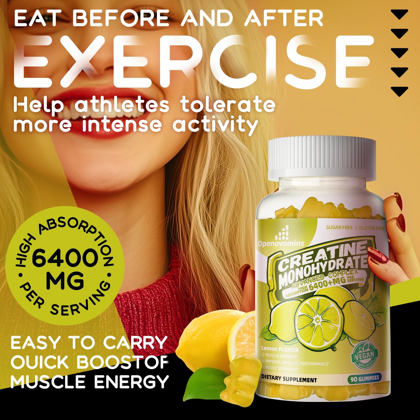Creatine Monohydrate Gummies Complex โ Men & Women, Sugar Free Chewable (90 Gummies)