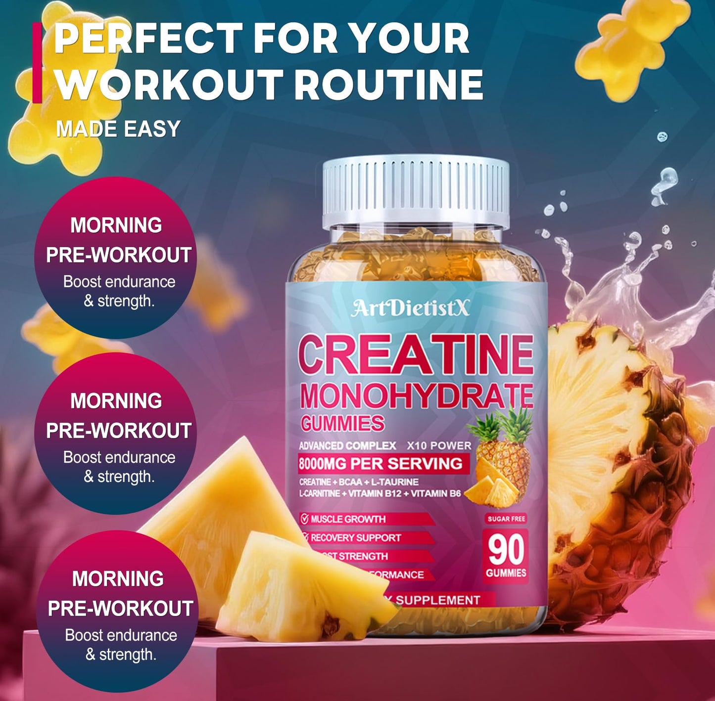 Creatine Monohydrate Gummies with BCAA & L-Carnitine โ Pineapple Flavor, 180 Count