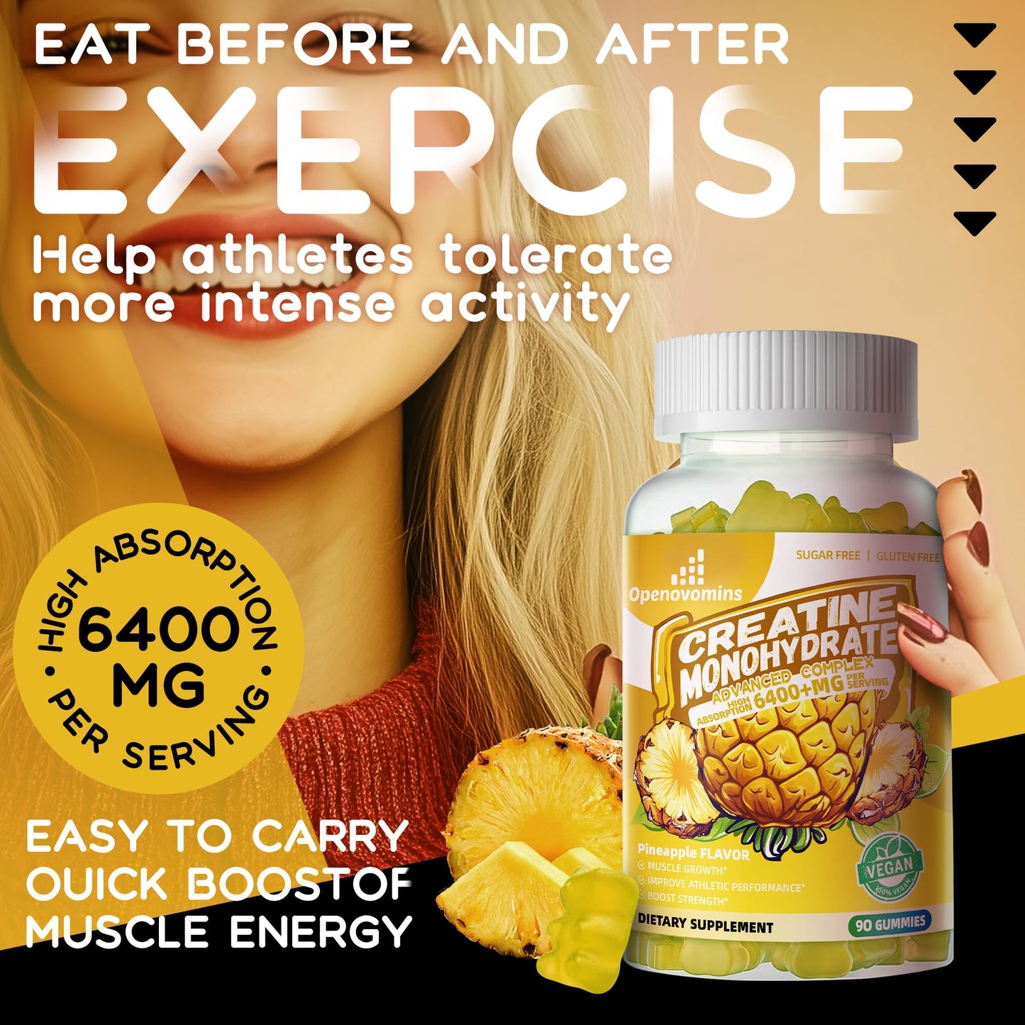 Creatine Monohydrate Gummies Complex โ 6400mg per Serving, L-Taurine & Vitamin B12, Sugar Free Pineapple 90 Gummies
