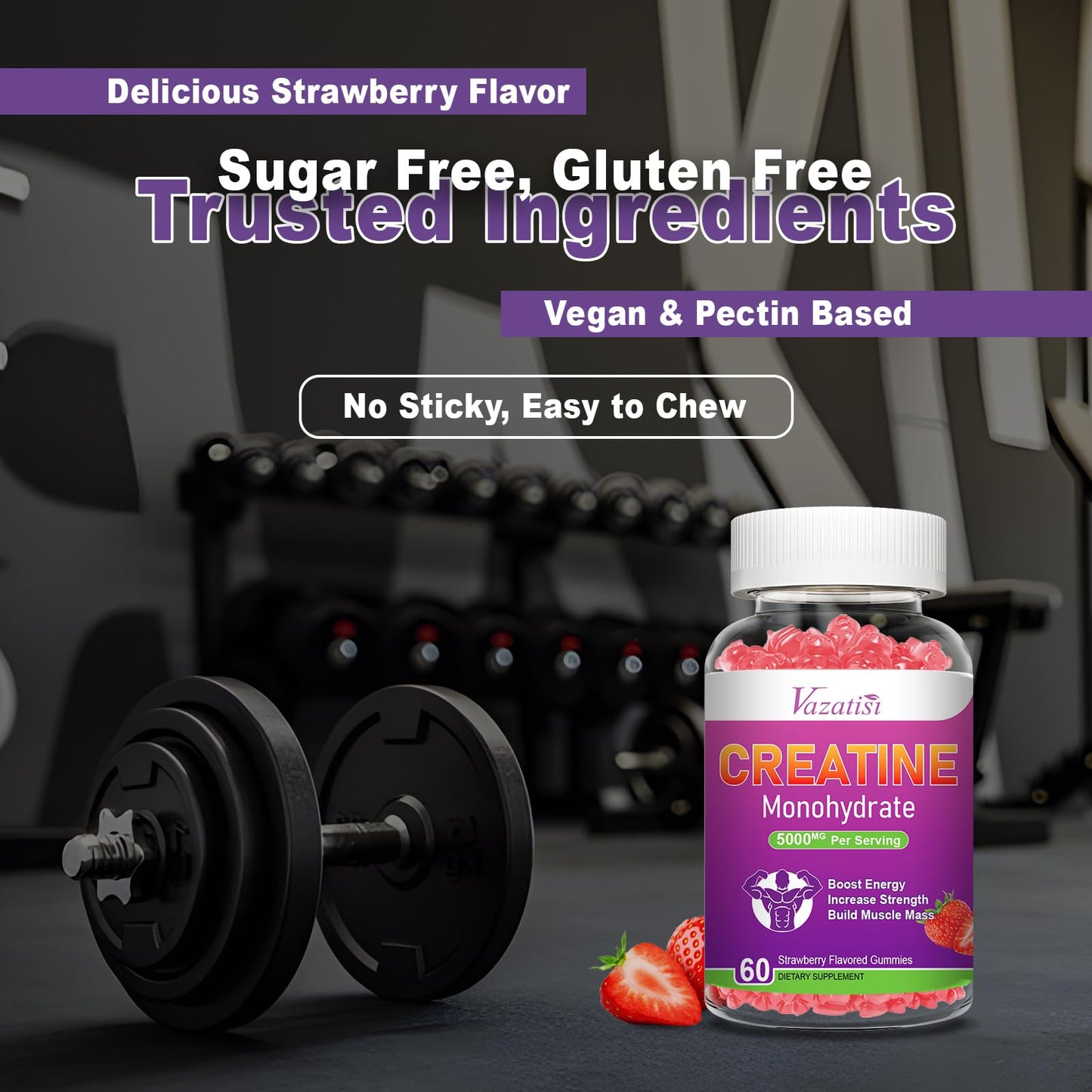Creatine Monohydrate Gummies โ Sugar Free Vegan, Strawberry, 60 Count