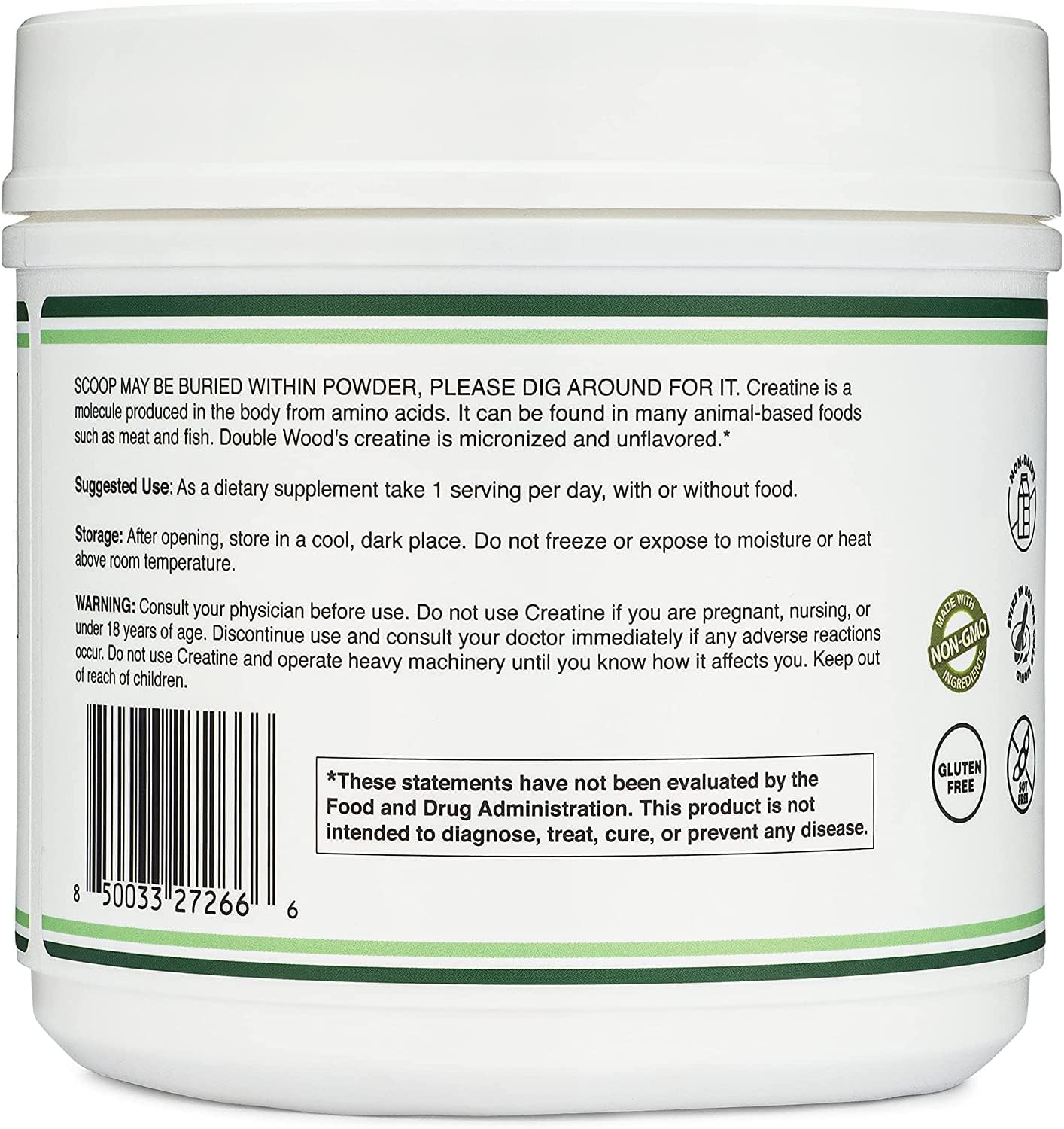 Creatine Monohydrate Powder 1.1lbs (100 Servings) โ No Fillers, Vegan, Non-GMO, Gluten Free | Double Wood