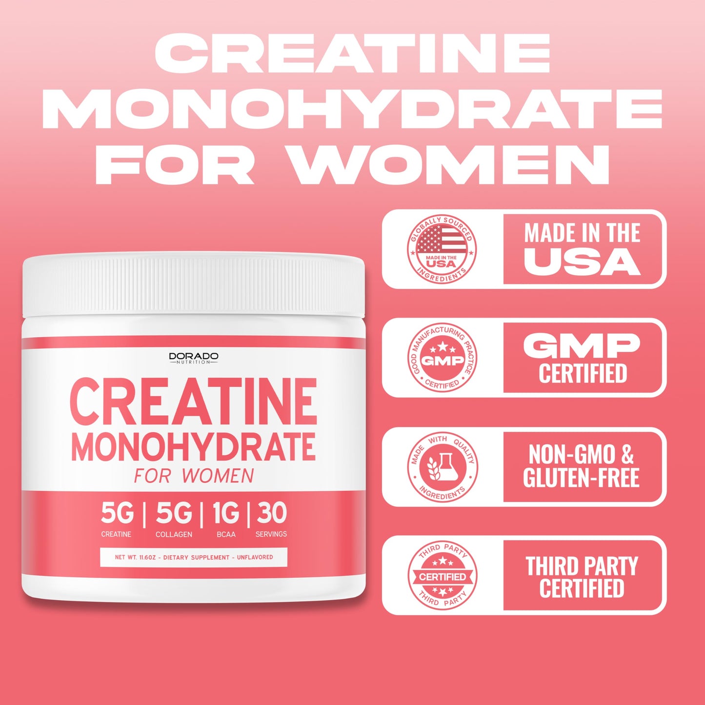 Creatine for Women | Creatine Monohydrate Powder with Collagen & BCAA โ 30 Servings | Non-GMO, Gluten Free, USA Made