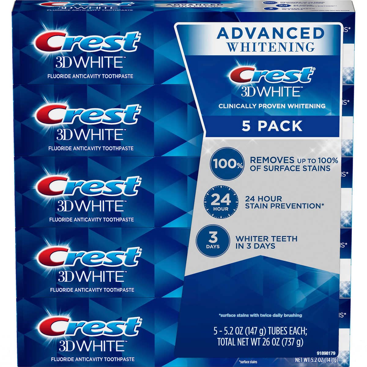 Crest 3D White Advanced Whitening Toothpaste โ 5.2 oz (Pack of 5)