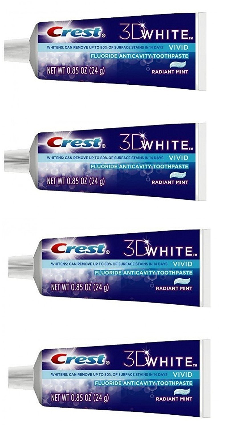 Crest 3D White Radiant Mint Fluoride Anticavity Toothpaste โ 0.85 oz Travel Size (Pack of 4)