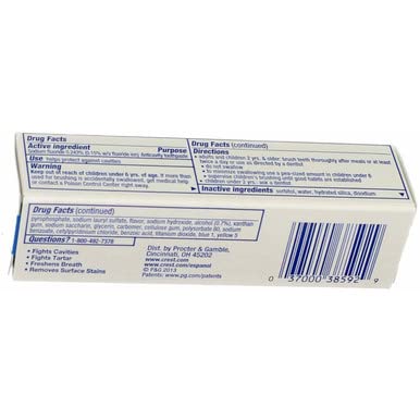 Crest Complete Fluoride Toothpaste โ Whitening, Minty Fresh 0.85 oz Pack of 8