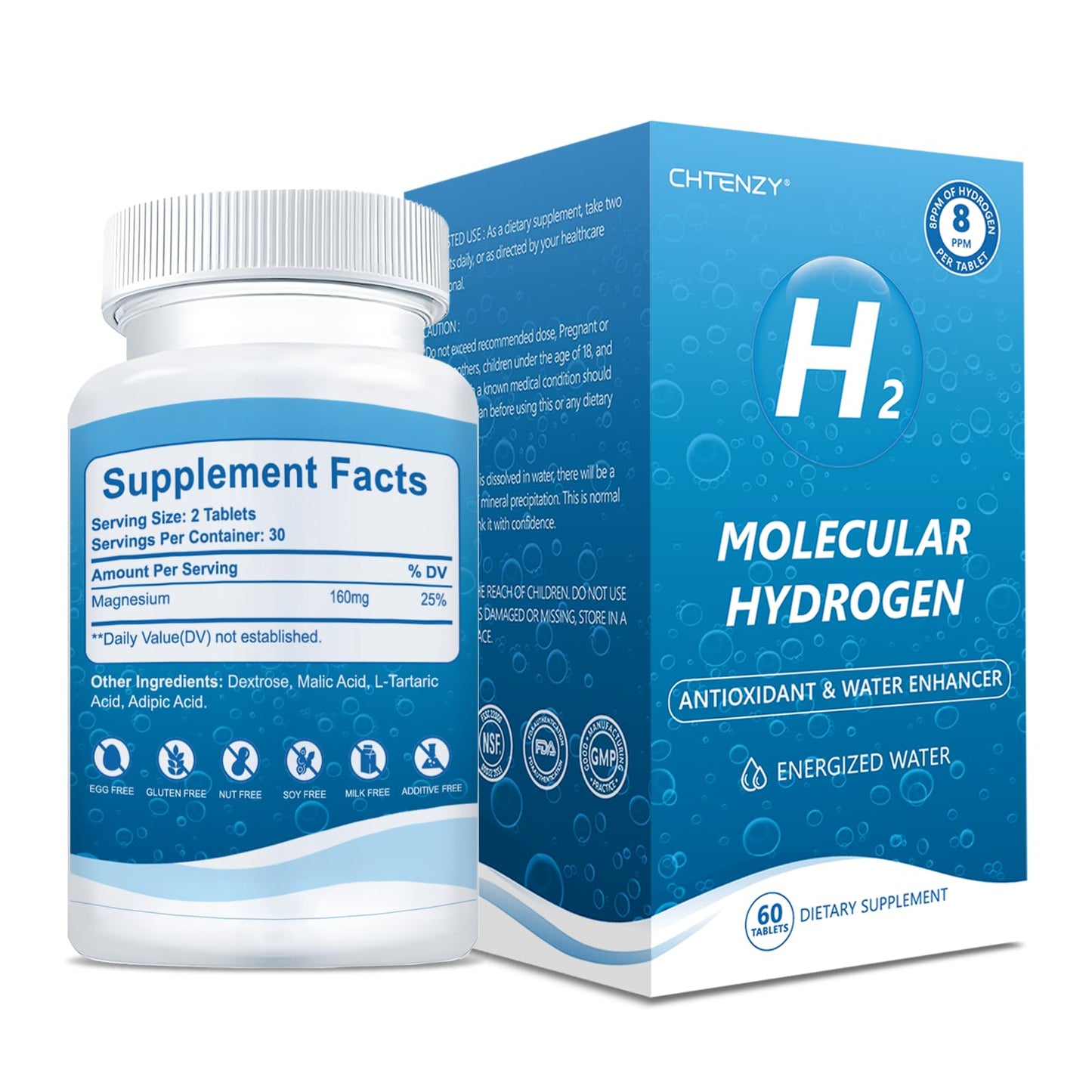 CHTENZY Hydrogen Water Tablets โ 8PPM H2, Magnesium, Orange Flavor, 60 Count