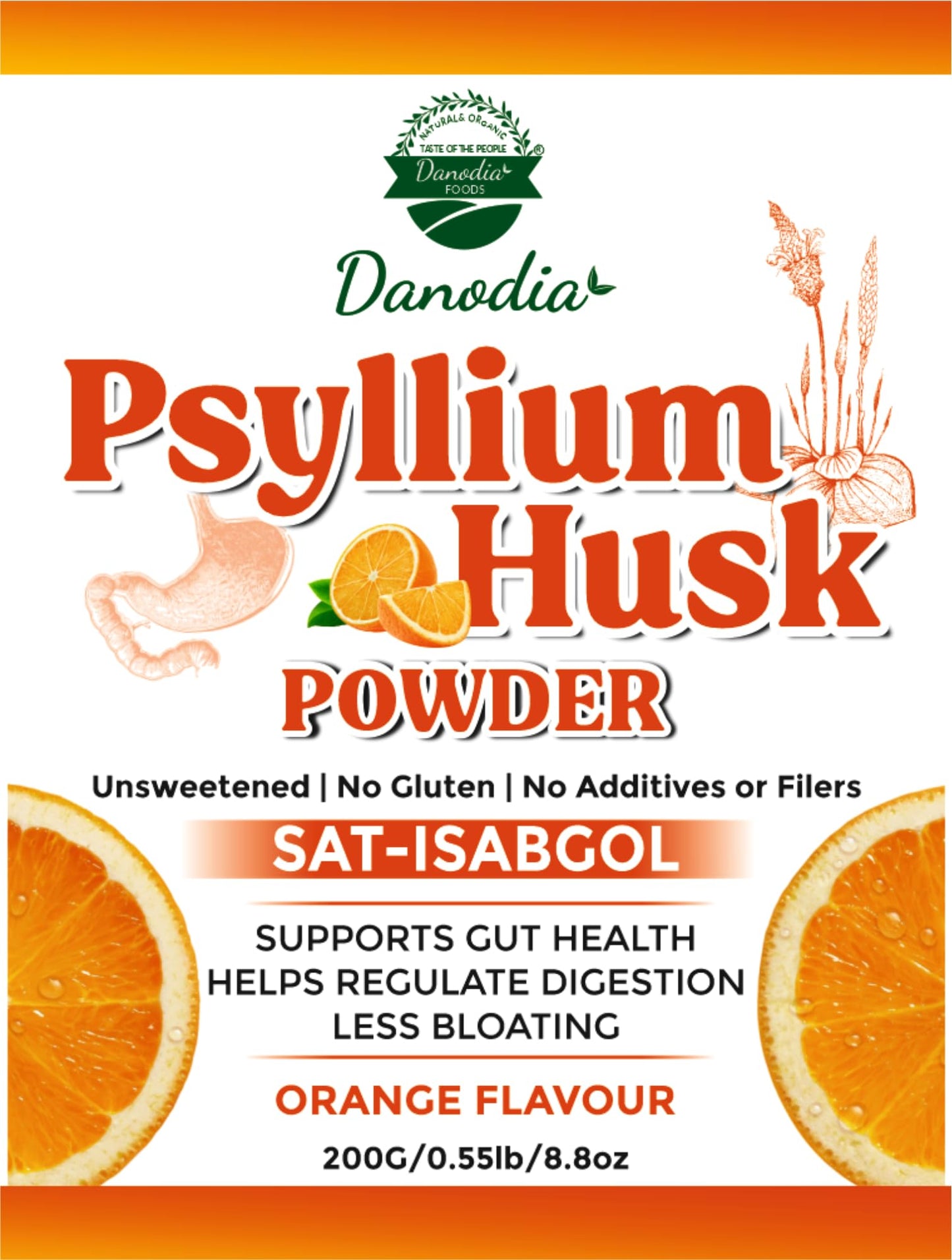 Danodia Foods Organic Psyllium Husk Powder โ Mild Orange Flavor (200g) | Gluten-Free Fiber Supplement