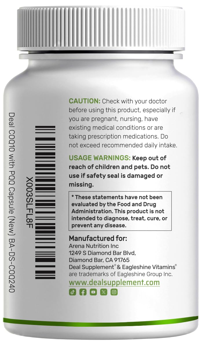 DEAL SUPPLEMENT CoQ10 200mg with PQQ 200mcg, 240 Veggie Capsules | Bioavailable Coenzyme Q10 Complex | Supports Heart, Energy & Brain Health | Antioxidant Support | Non-GMO
