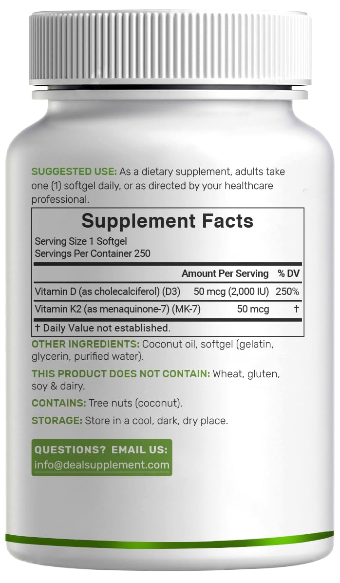 DEAL SUPPLEMENT Vitamin D3 2000 IU + K2 MK7 50mcg Softgels โ 2-in-1 Coconut Carrier for Heart, Bone, Teeth & Immune Health