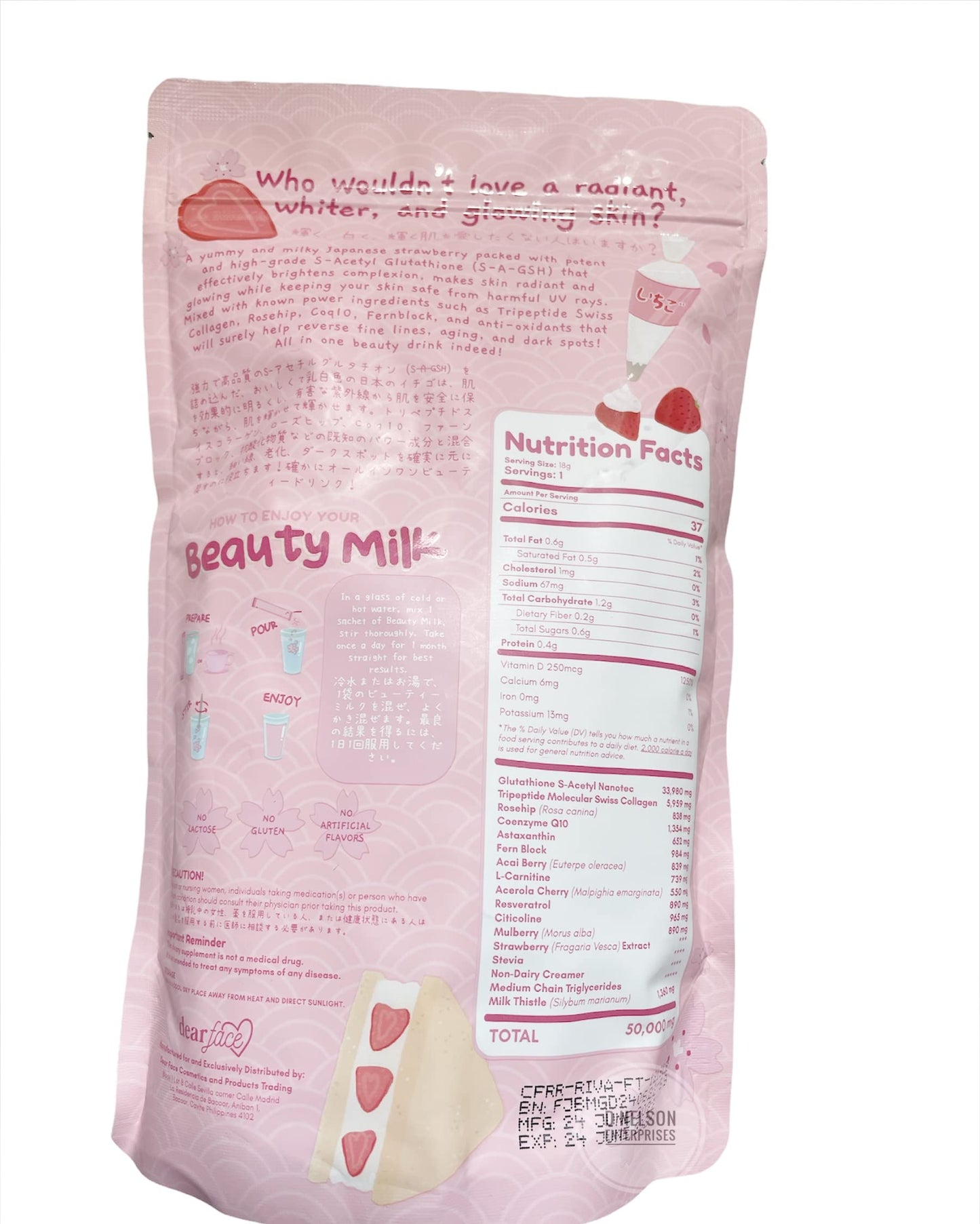 Dear Face Beauty Milk Japanese Collagen โ Strawberry & Melon Drink (50,000mg)