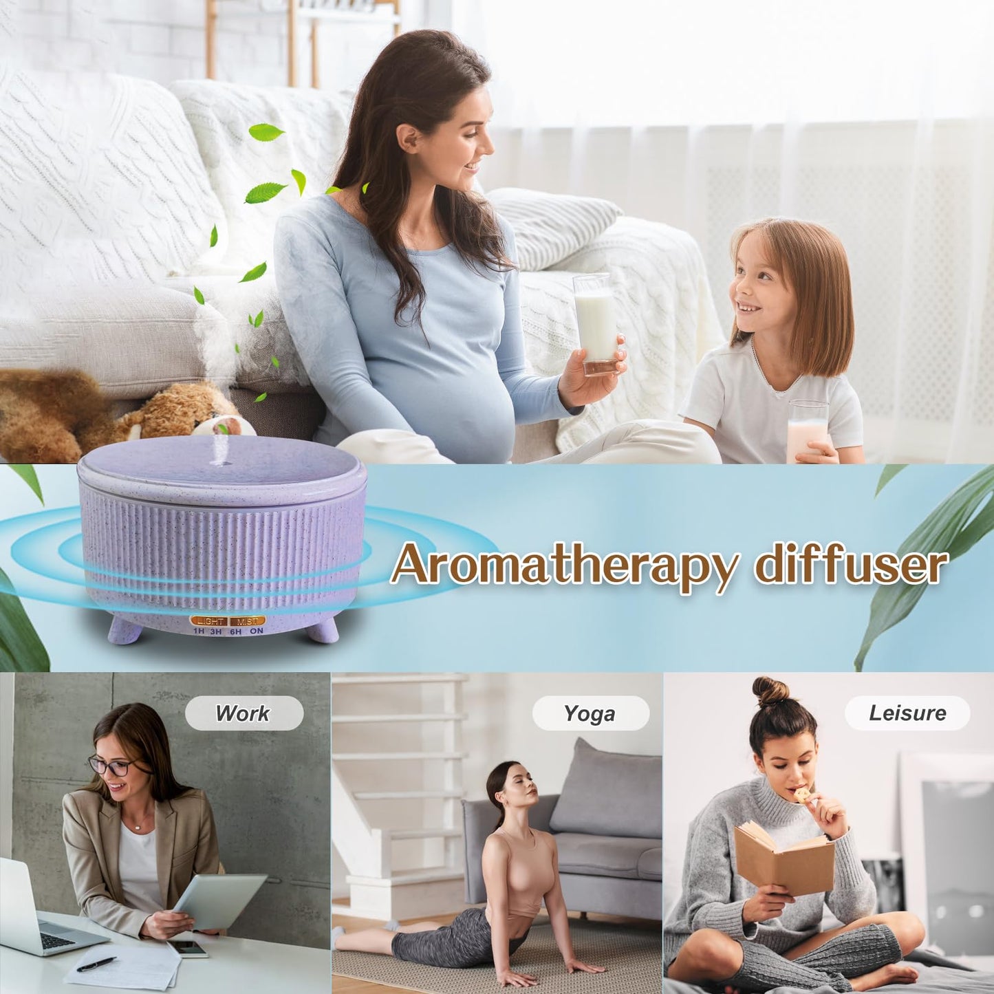 Essential Oil Diffuser 500ml for Home โ Aromatherapy Diffuser with 7-Color LED Lights, 3 Mist Modes, Waterless Auto-Off, Purple