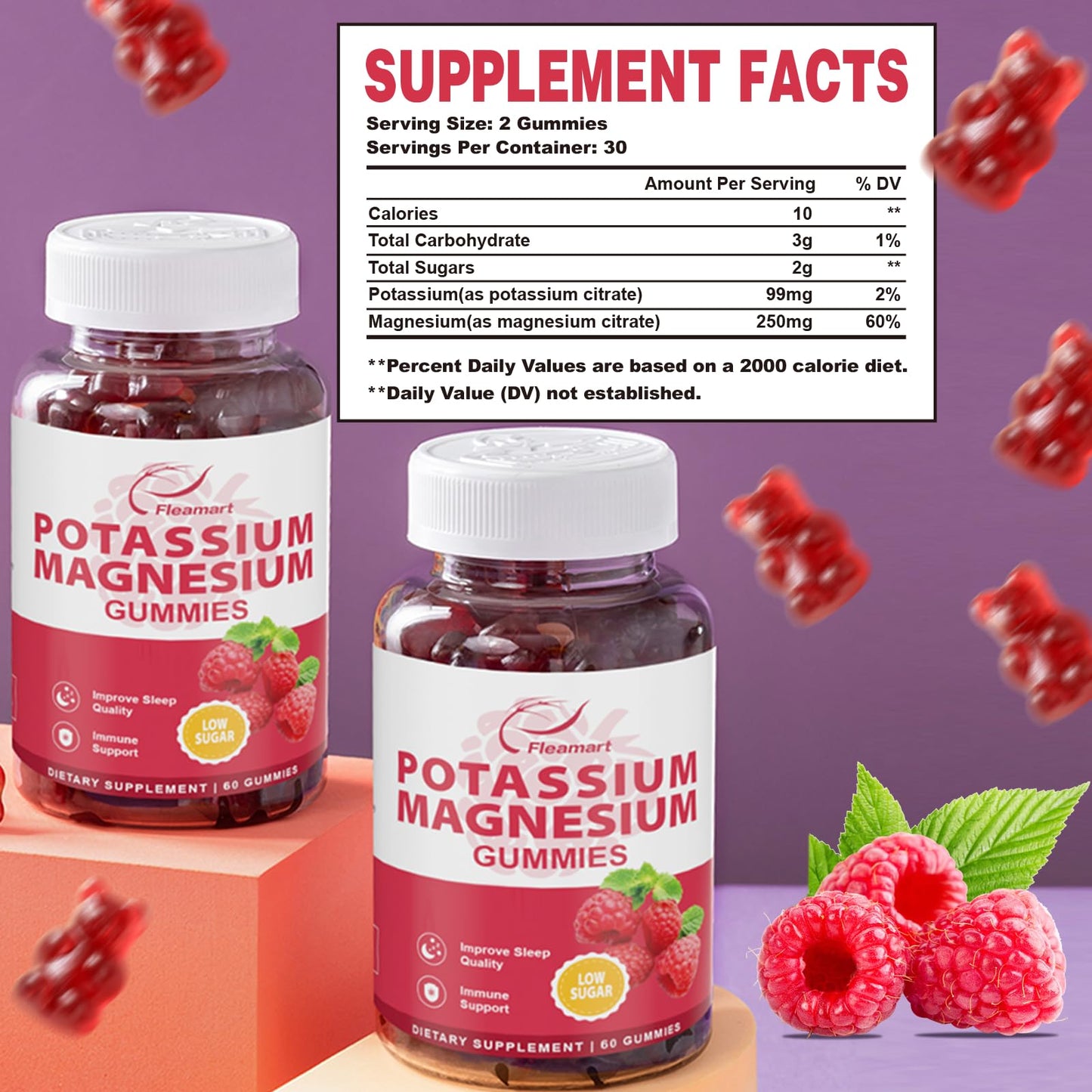 Potassium Magnesium Gummies โ Potassium Citrate 99mg & Magnesium Citrate 250mg | Immune Support Raspberry, 60 Gummies (2 Pack)