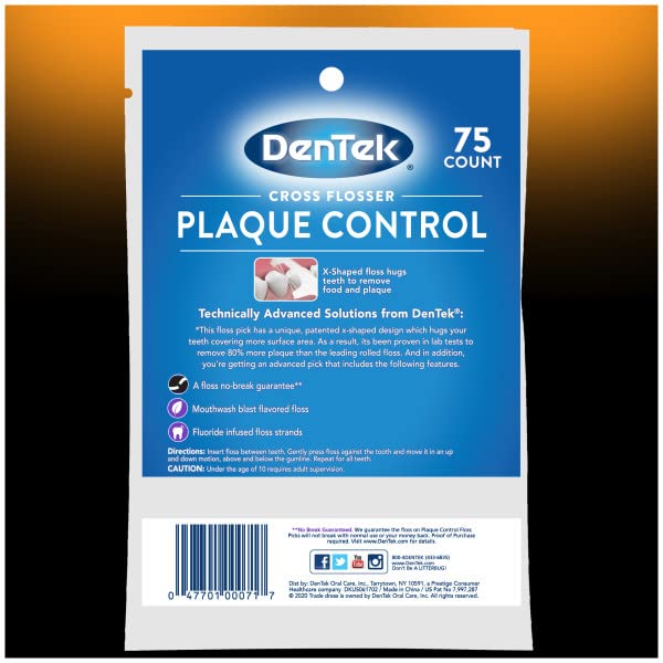DenTek Cross Flosser Plaque Control Floss Picks โ X-Shaped Floss, Fluoride, 75 Count (Pack of 2)