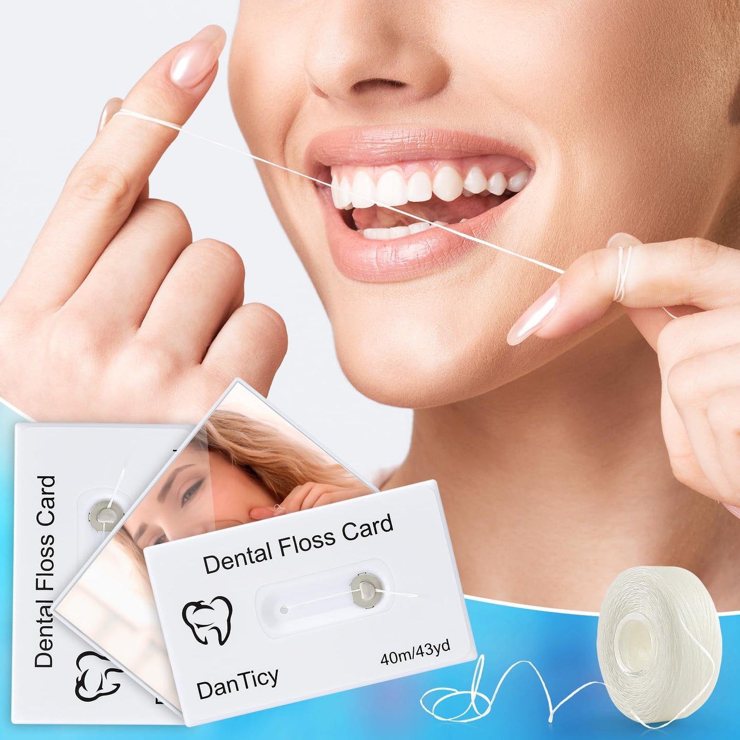Dental Floss Card Floss with Mirror โ Mint Waxed, 40m, 3 Pack, PFAS Free