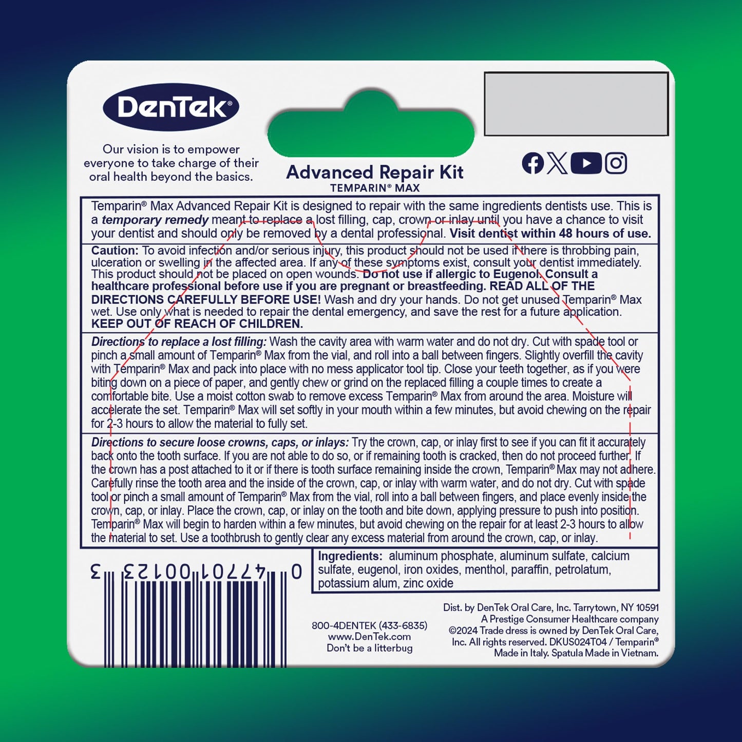 Dentek Temparin Max Repair Kit โ 13+ Repairs, 2.64 g, Pack of 6 | Temporary Dental First Aid