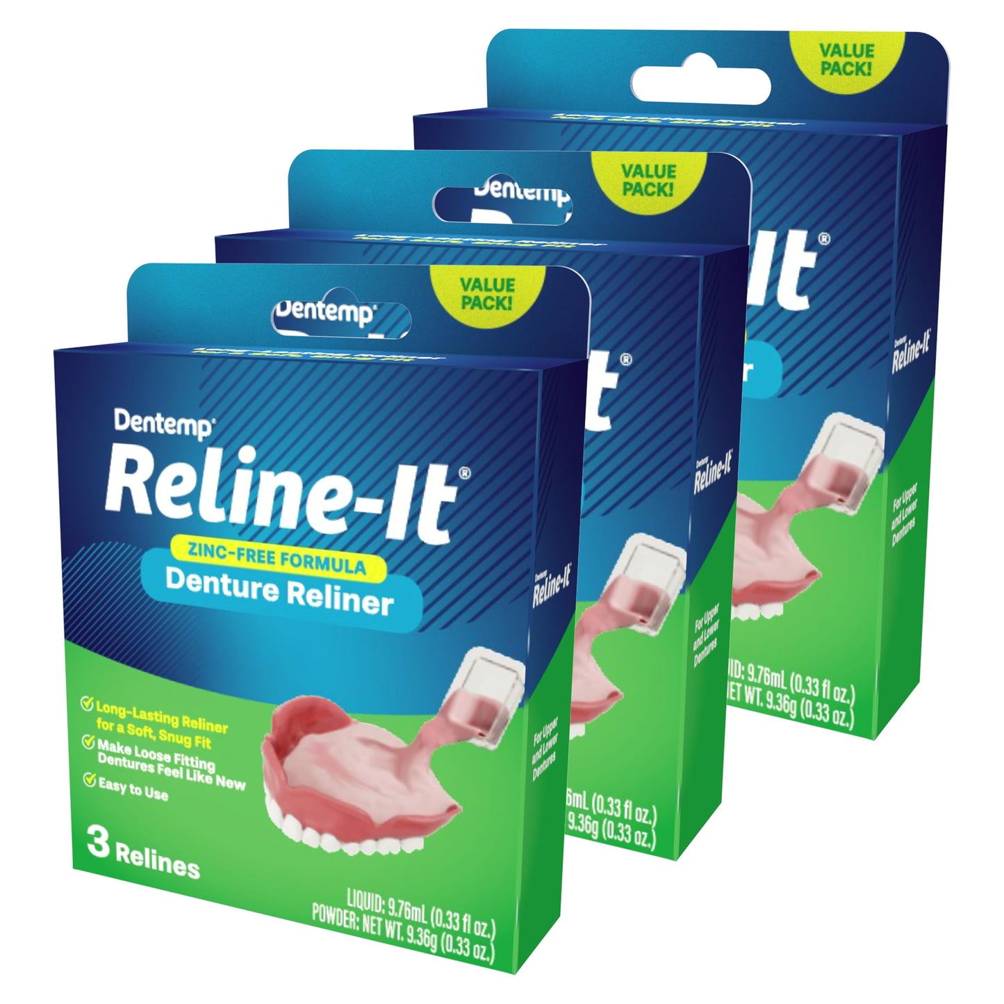 Dentemp Reline-It Denture Reliner Kit โ Value Pack, 3-Pack (9 Relines)